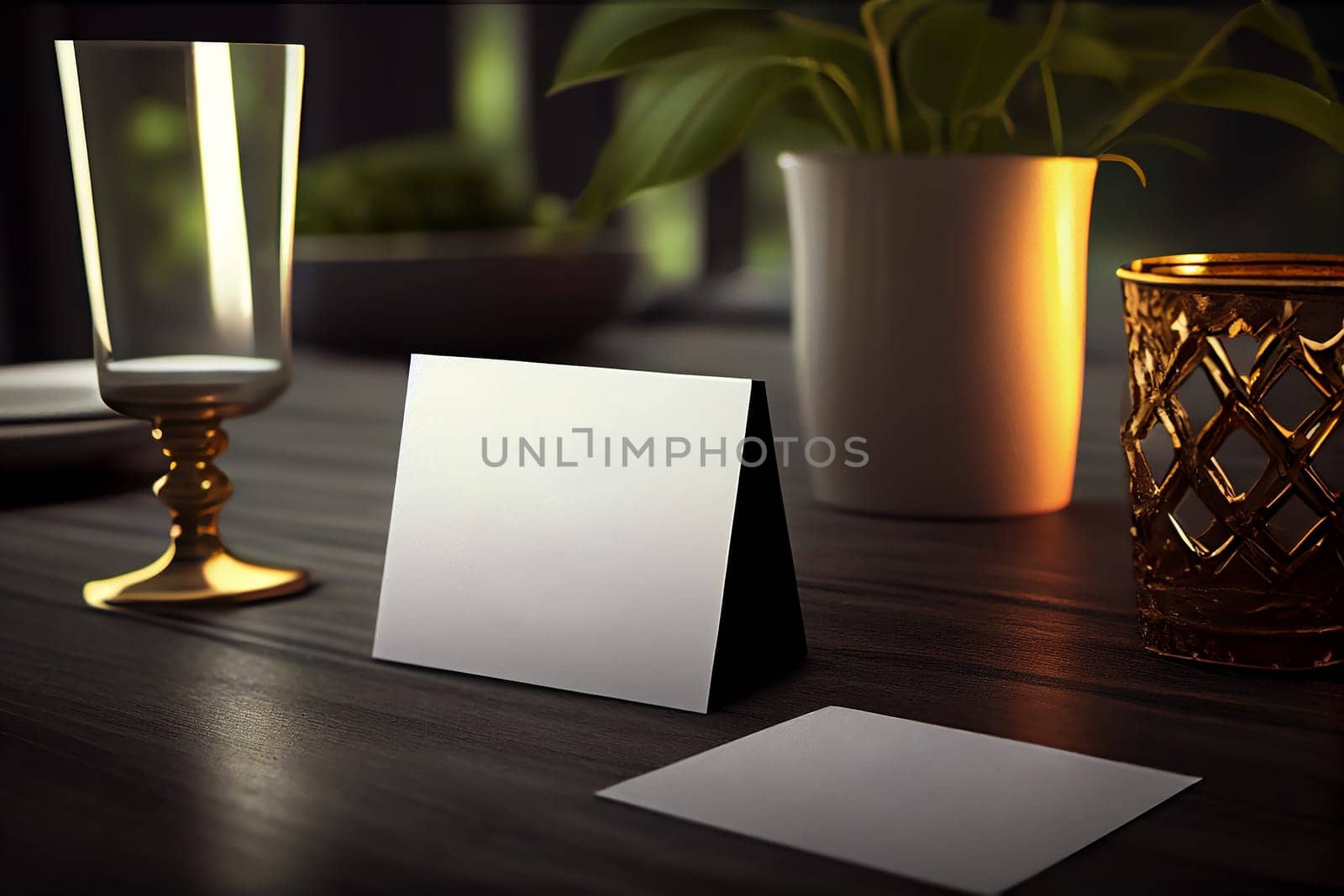 Blank paper table card on wooden table over bar blurry background