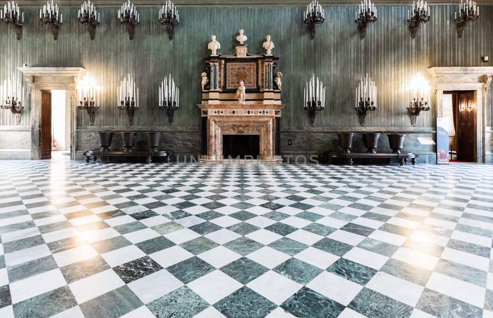Turin, Italy -Royal Palace Entrance. Classic hall, luxury marble, room perspective