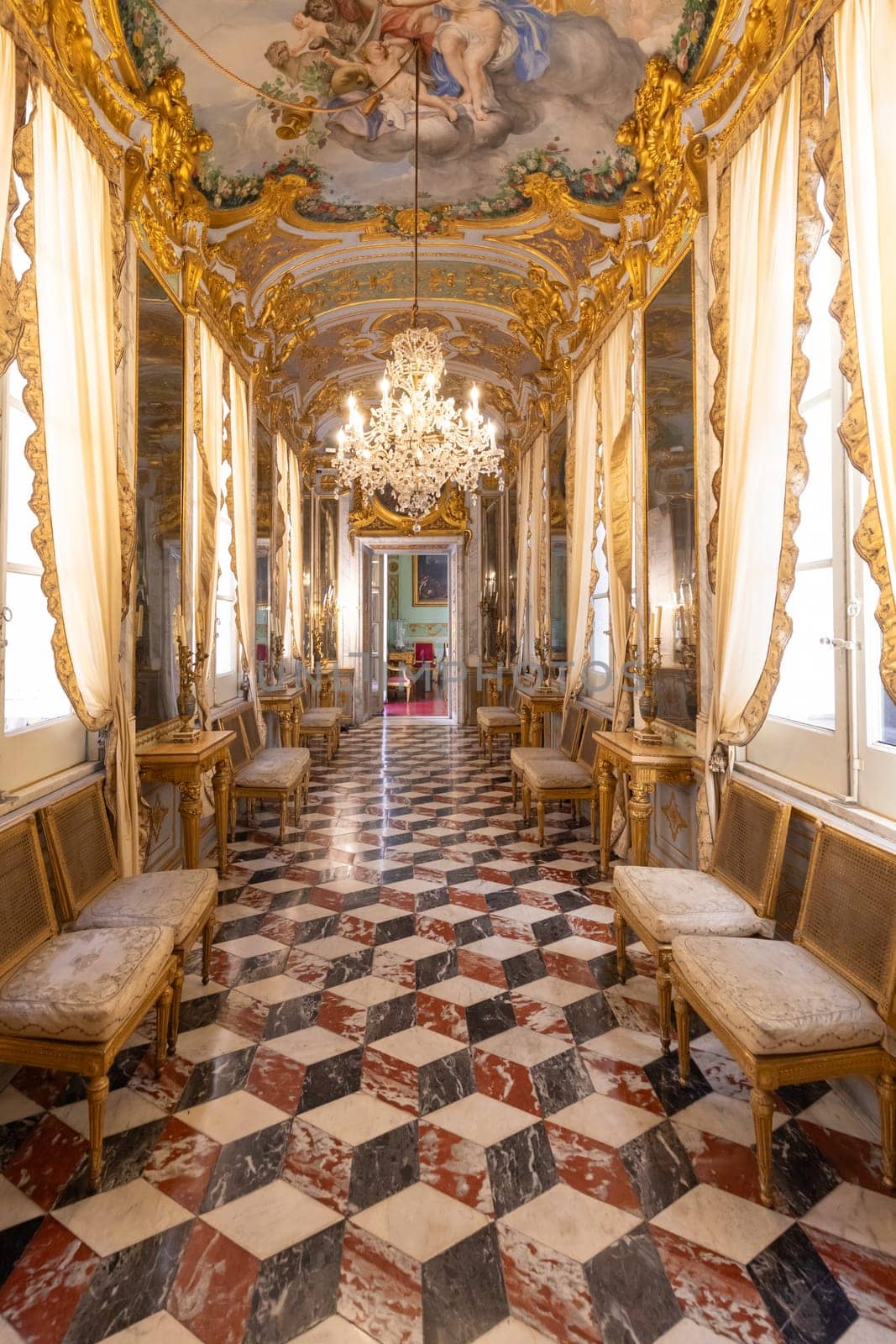 Genova, Italy - 8 August 2023: Spinola Palace. Corridor in luxury baroque style, old palace, nobody