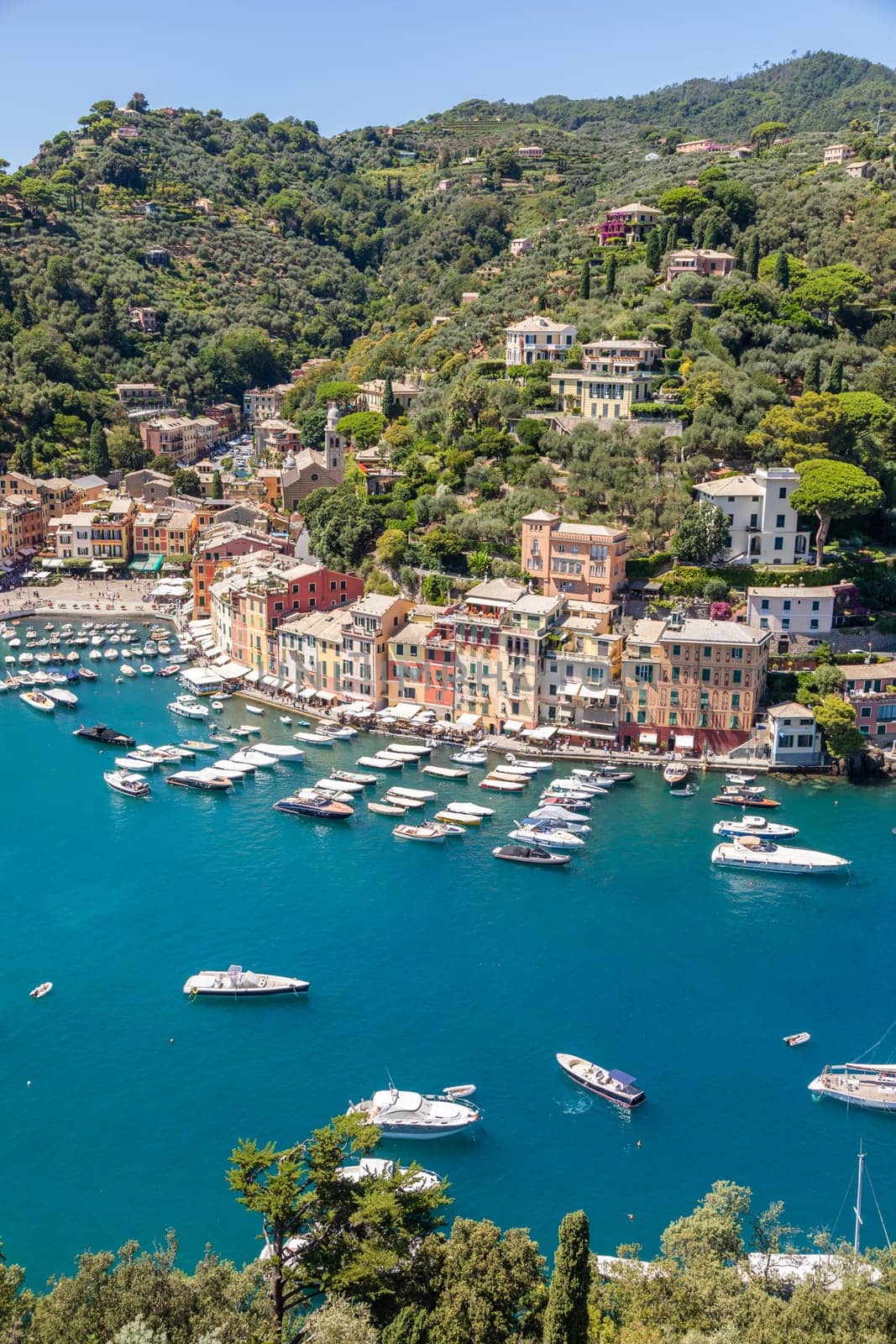 Portofino, Italy - 7 August 2023: scenic panorama with sea and luxury yacht. Italy travel destionation
