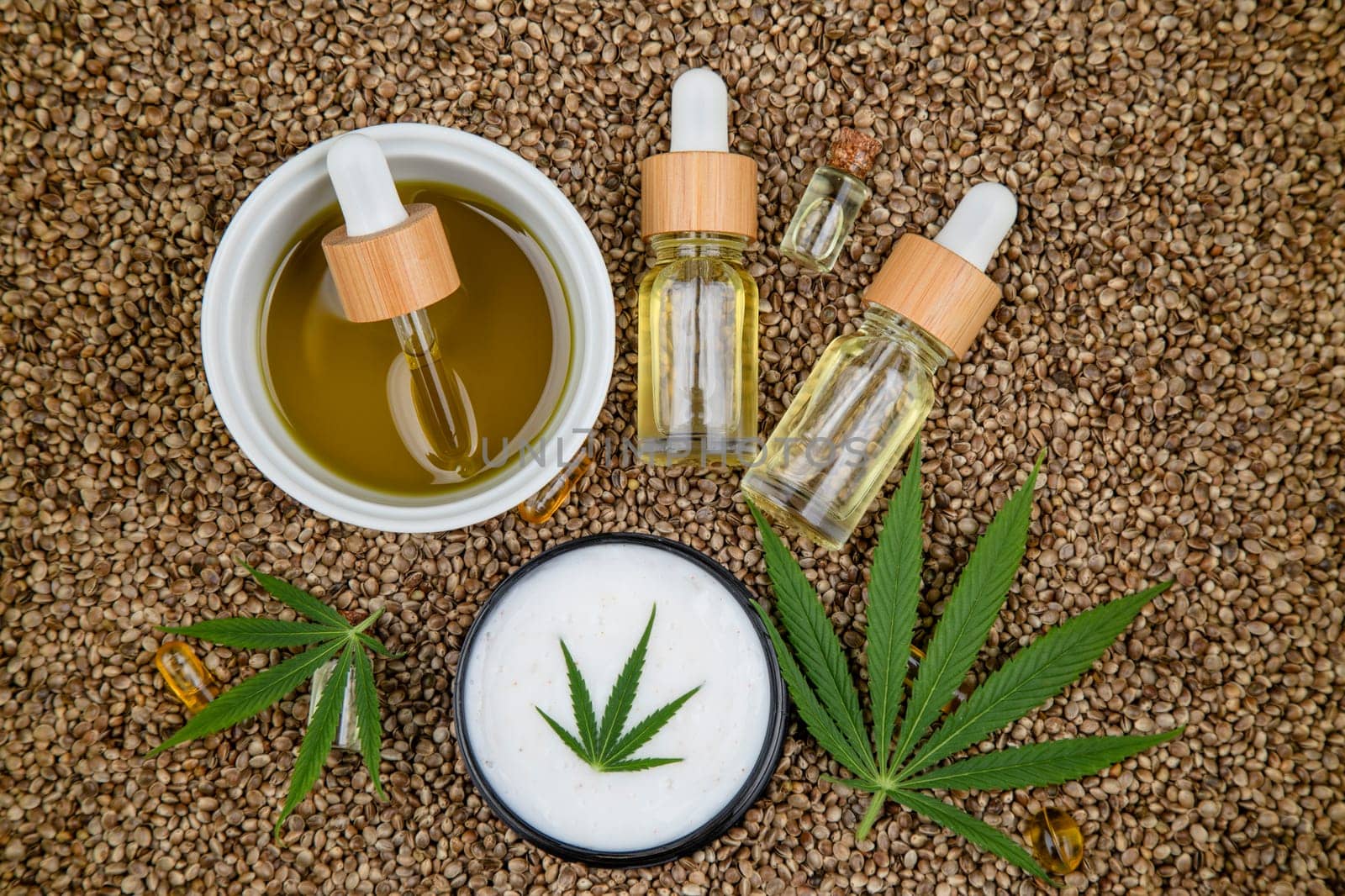 Oil cbd, cannabis and hemp leaves, medical marijuana concept