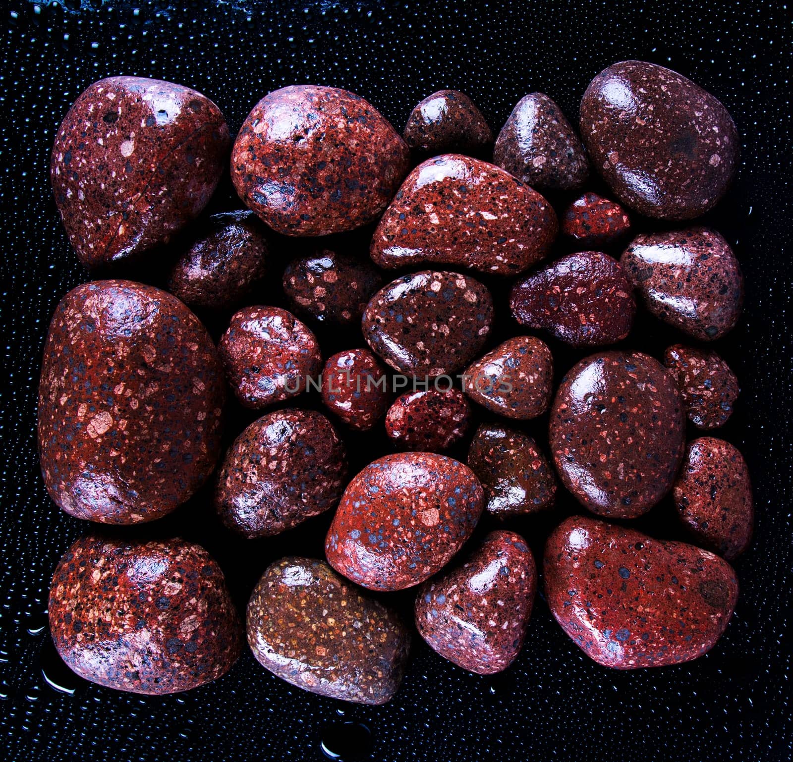 Wet black stones on a dark background
