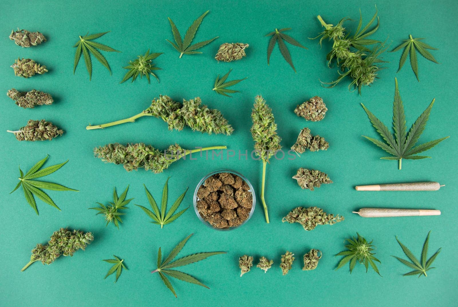 Flat lay, Medical marijuana, cbd,  Cannabis buds, hemp leaves concept
