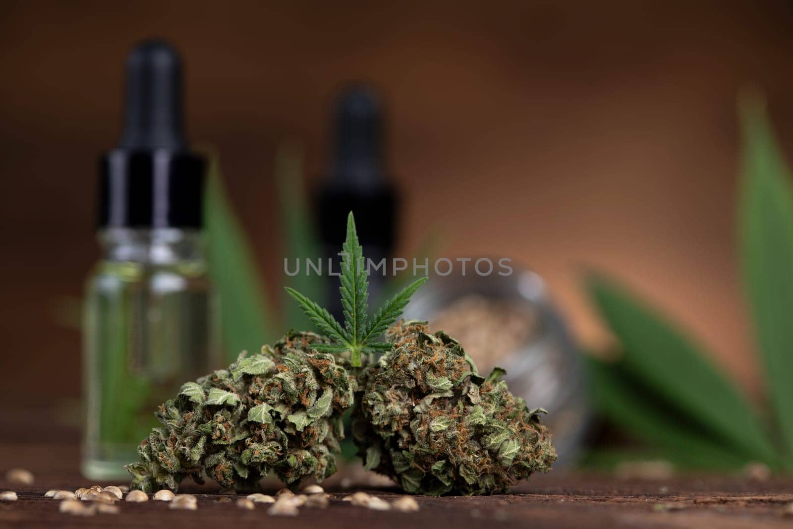 Oil cbd, cannabis and hemp leaves, medical marijuana concept