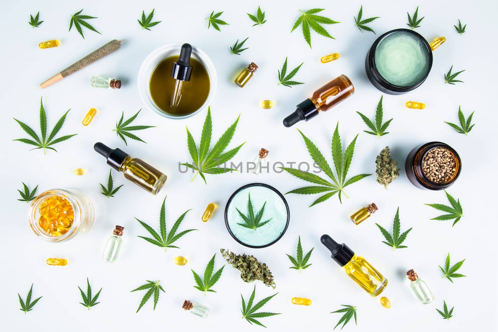 Flat lay composition, cbd, Cannabis leaves with marijuana