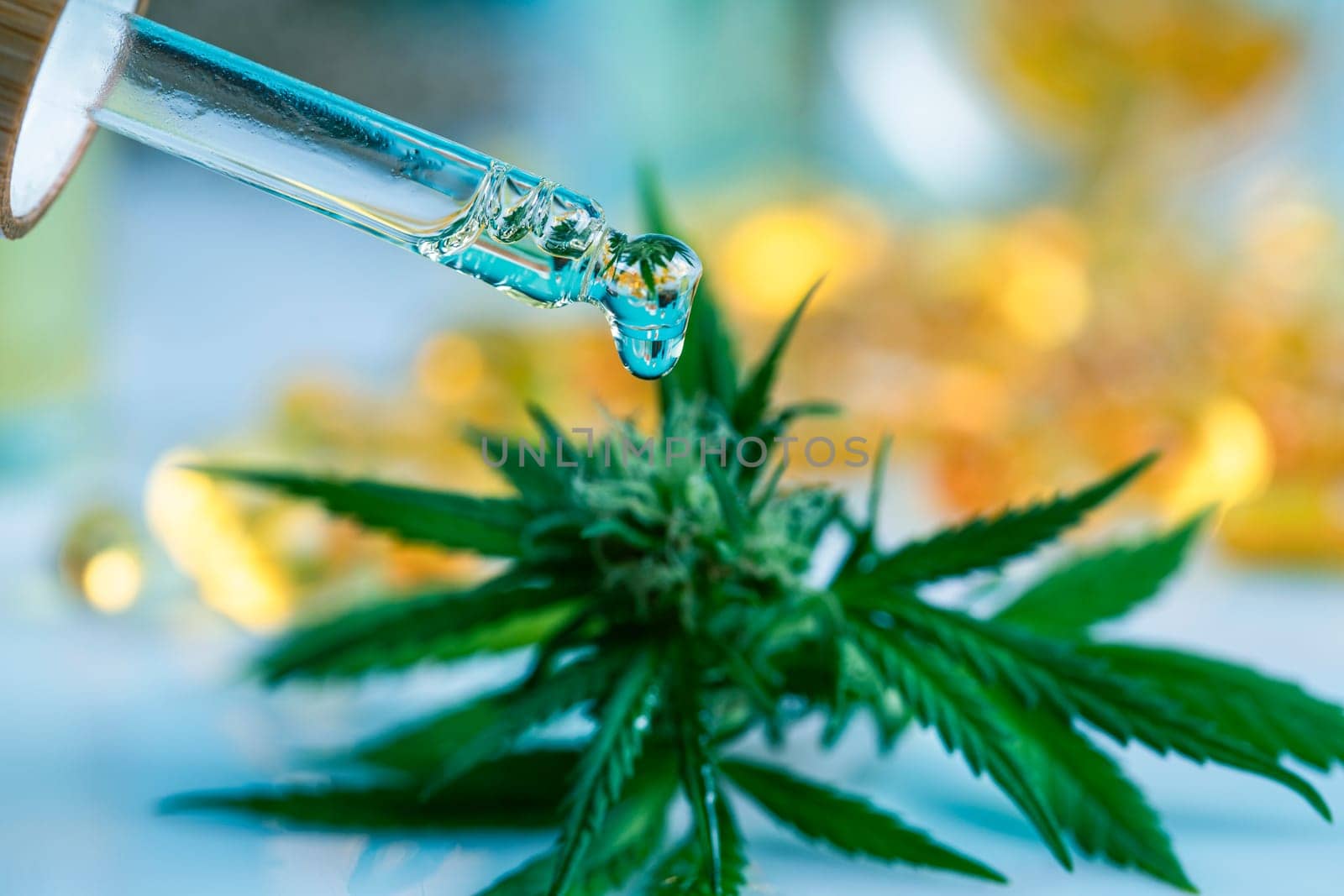 Set of essential oil cbd in a glass bottle, with a pipette, marijuana concept