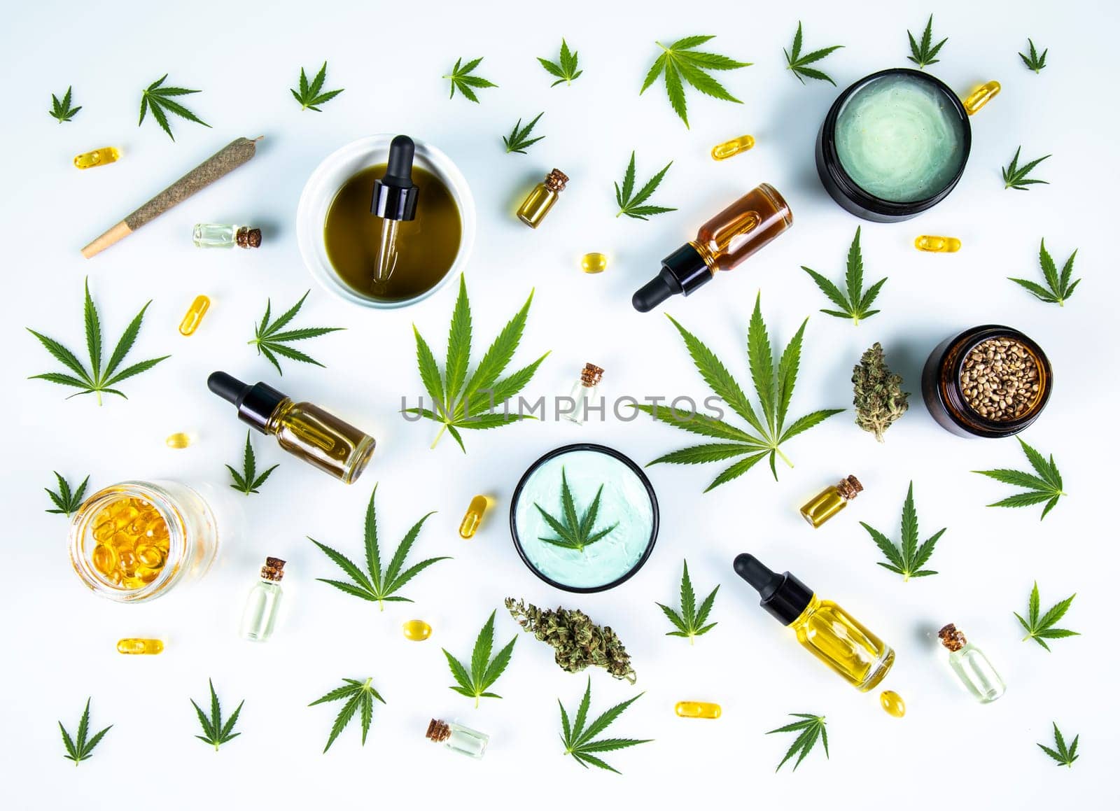 Cannabis leaves with marijuana, cbd, Flat lay composition