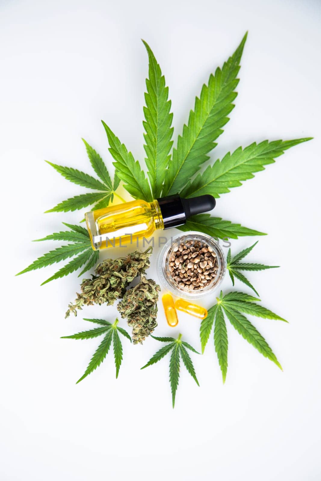 Bottles of cbd oil, marijuana and hemp
