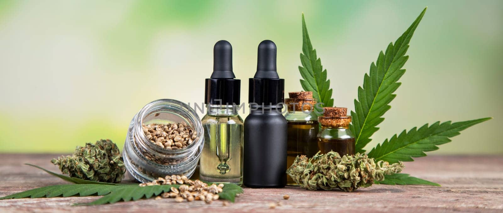 Oil cbd, cannabis and hemp leaves, medical marijuana concept