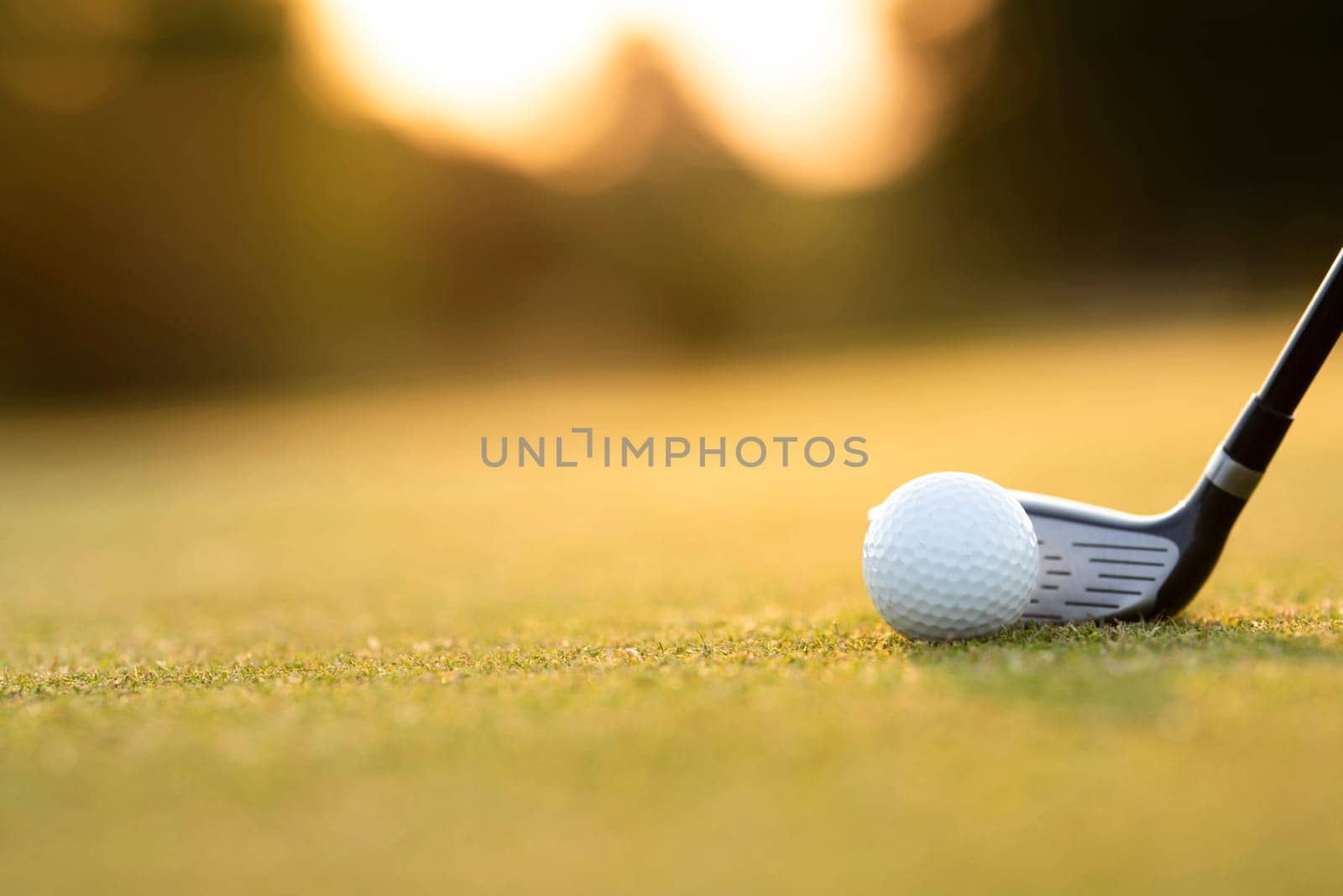 Playing a golf on a beautiful sunset in the evening