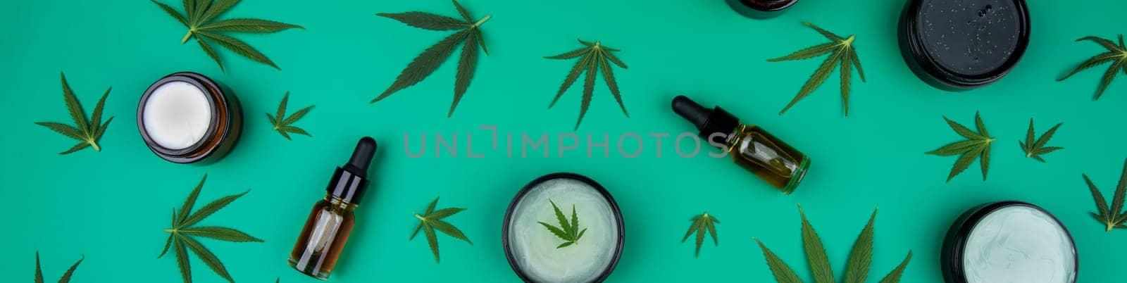 Cbd cannabis hemp buds, marijuana and cannabis leaves, medical cannabis concept