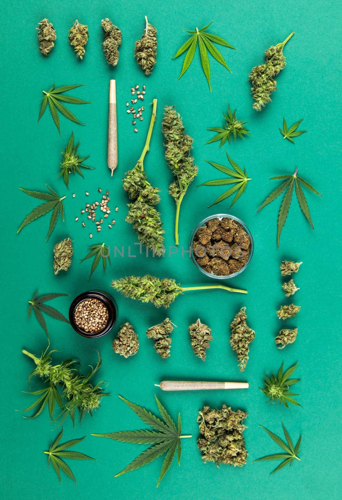 Flat lay, Medical marijuana, cbd,  Cannabis buds, hemp leaves concept