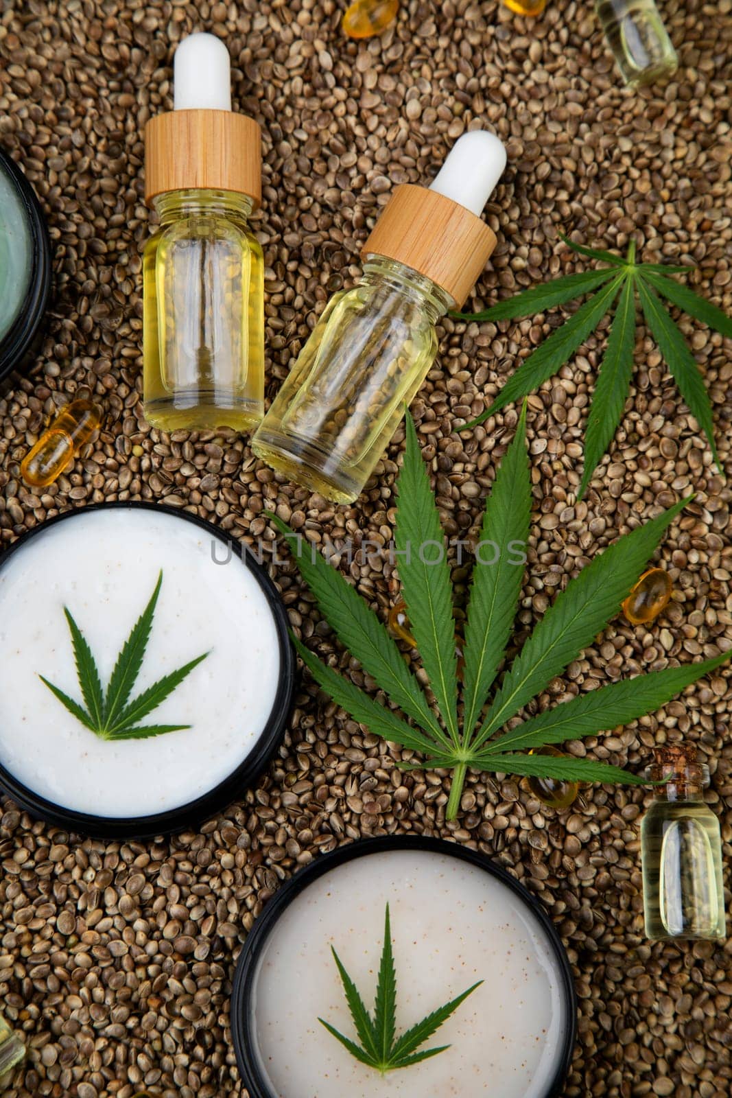 Cannabis leaves with marijuana, cbd, Flat lay composition