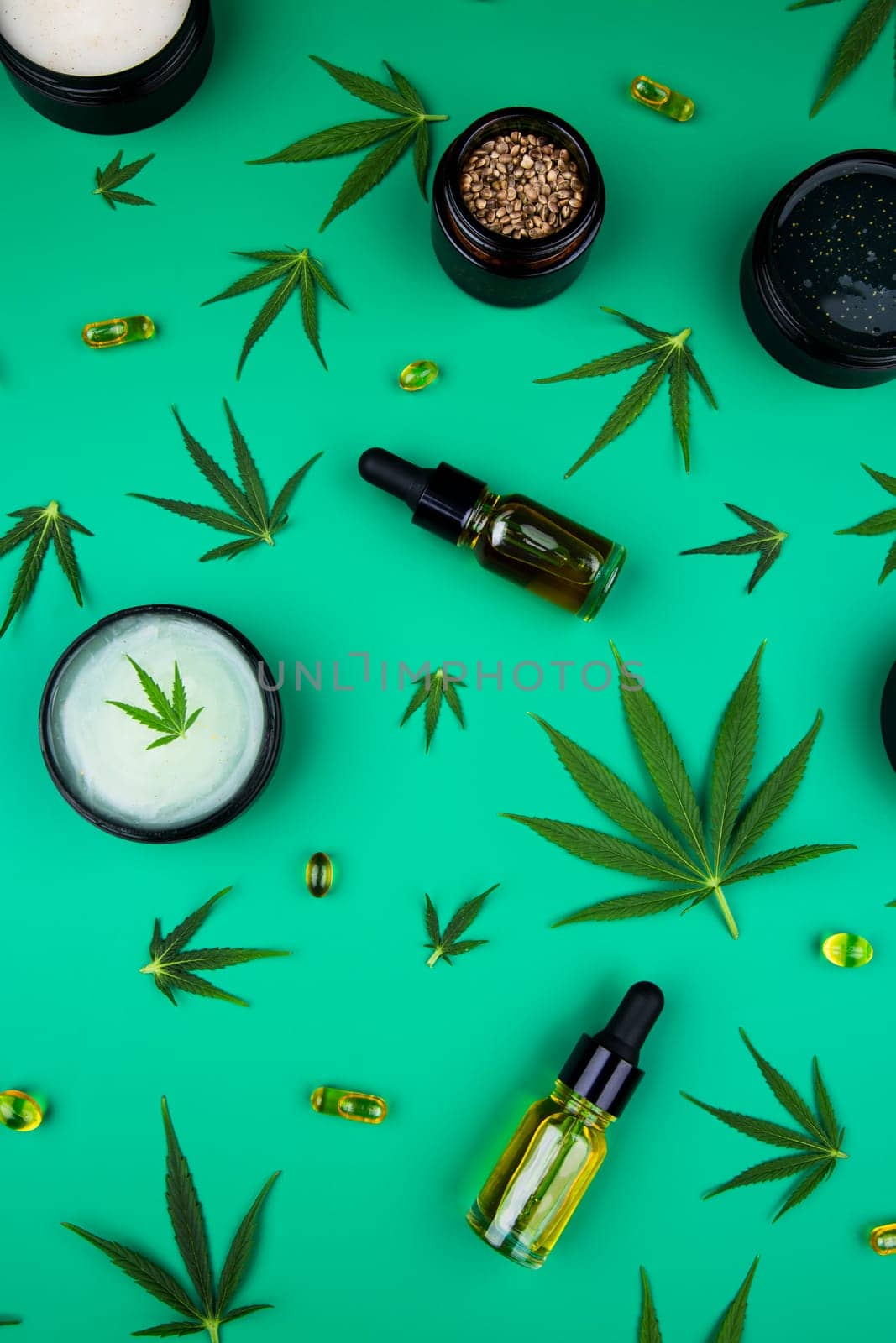 Cannabis leaves with marijuana, cbd, Flat lay composition