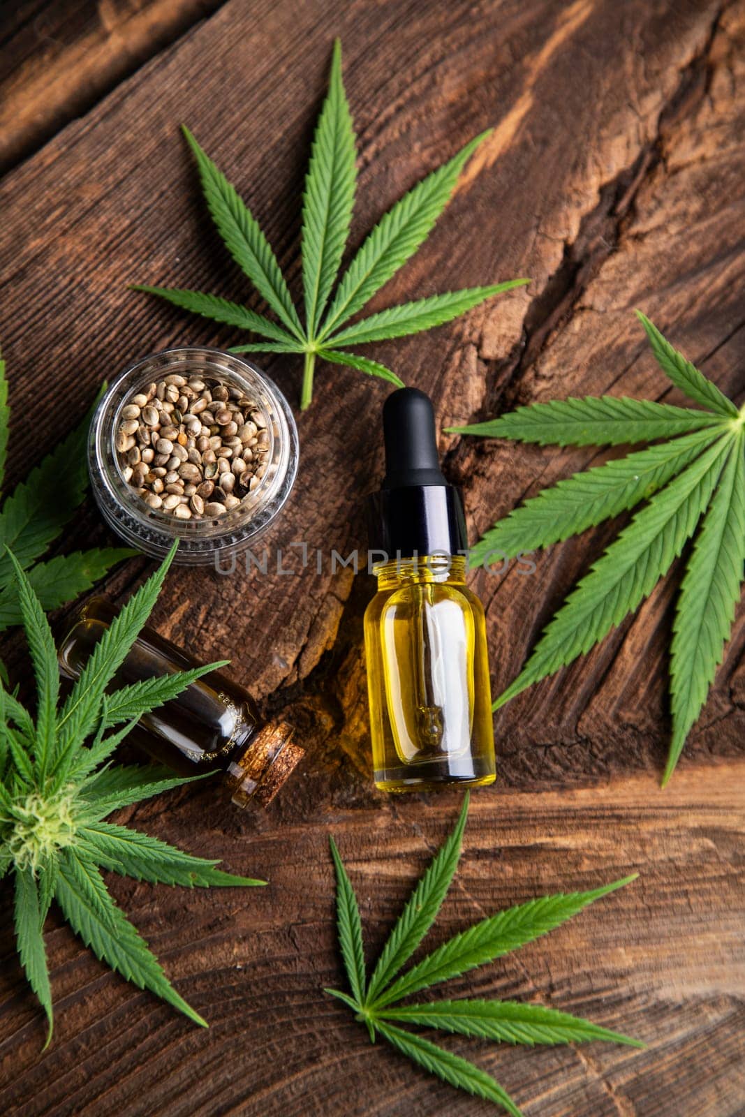 Cannabis leaves and cbd oil, Marijuana