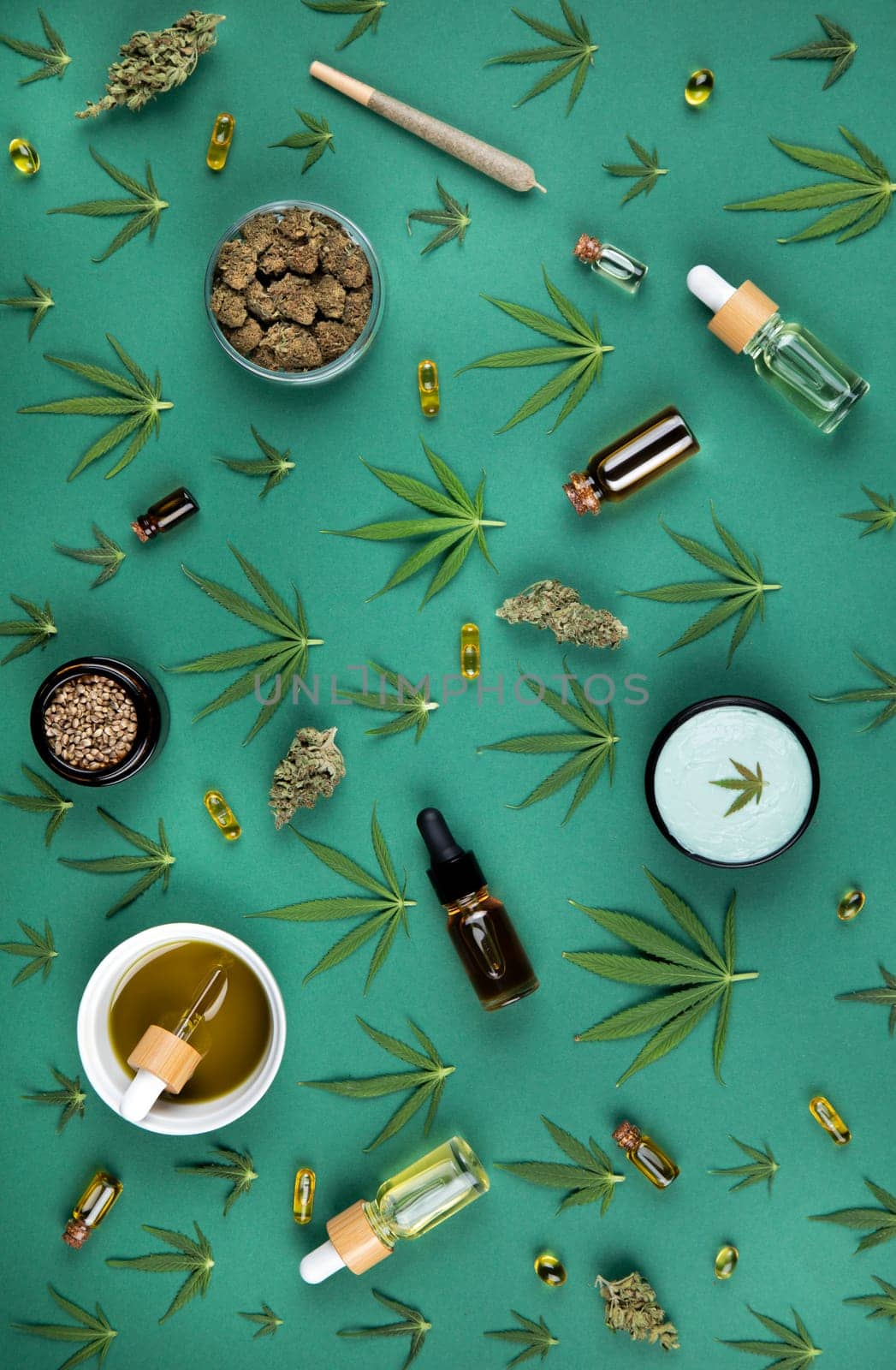 Flat lay, Medical marijuana, cbd,  Cannabis buds, hemp leaves concept