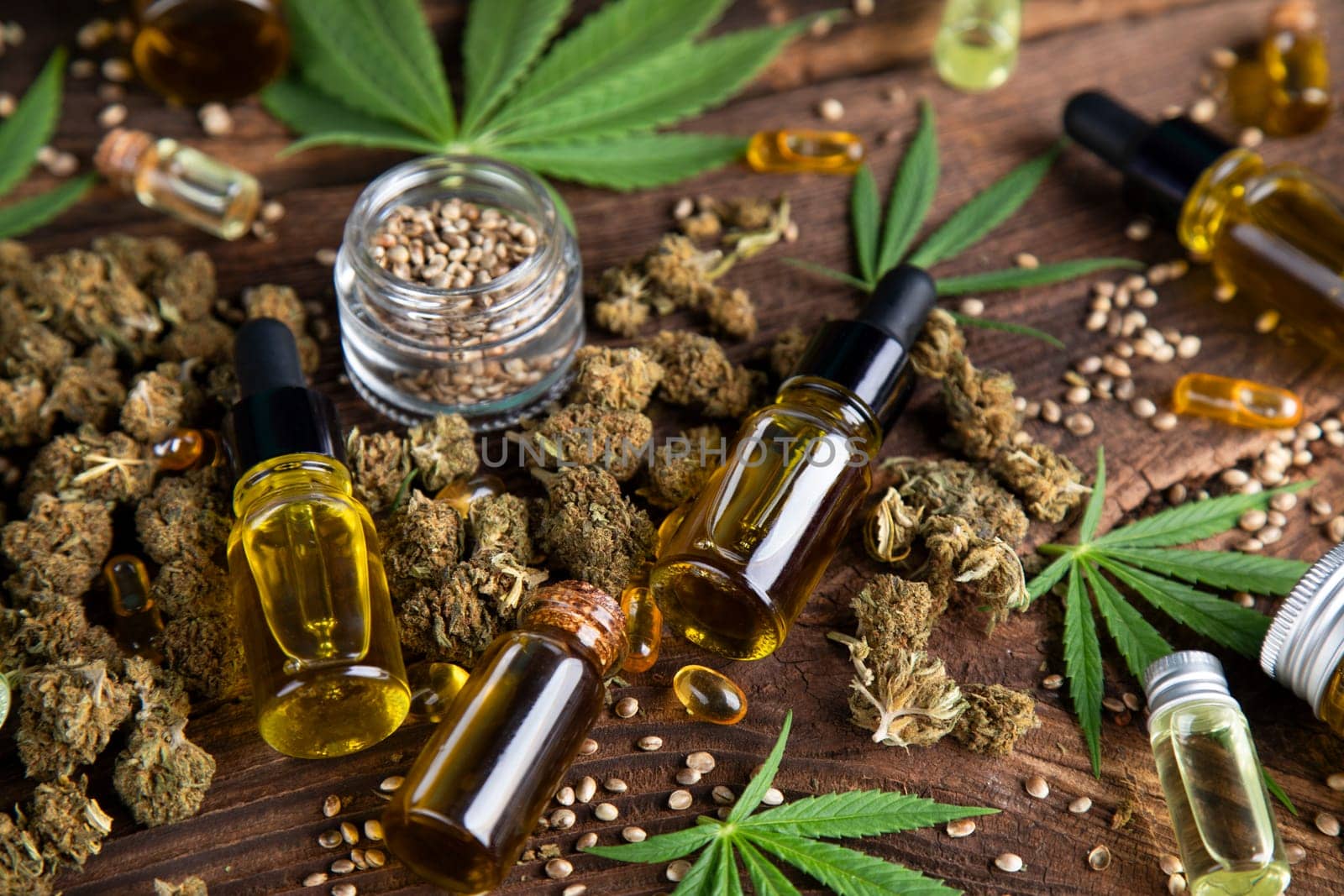 Oil cbd, cannabis and hemp leaves, medical marijuana concept