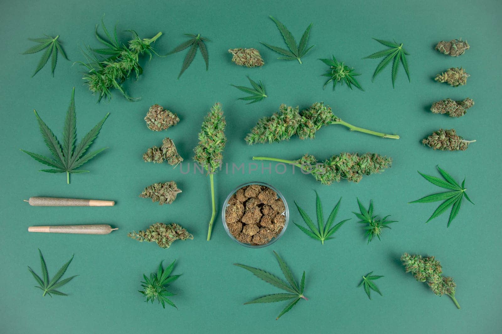 Flat lay, Medical marijuana, cbd,  Cannabis buds, hemp leaves concept