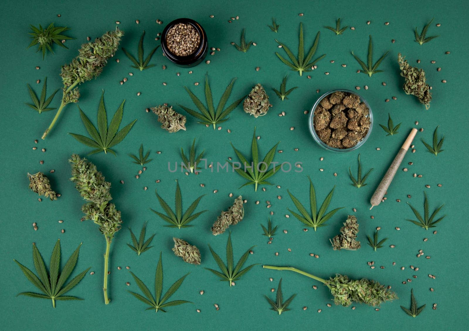 Flat lay, Medical marijuana, cbd,  Cannabis buds, hemp leaves concept