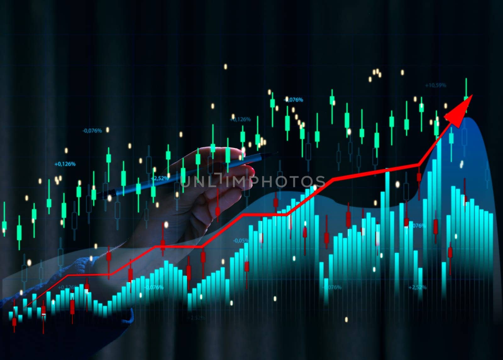 Virtual neon graph and female hand, profit analysis and sales growth dynamics, blue background