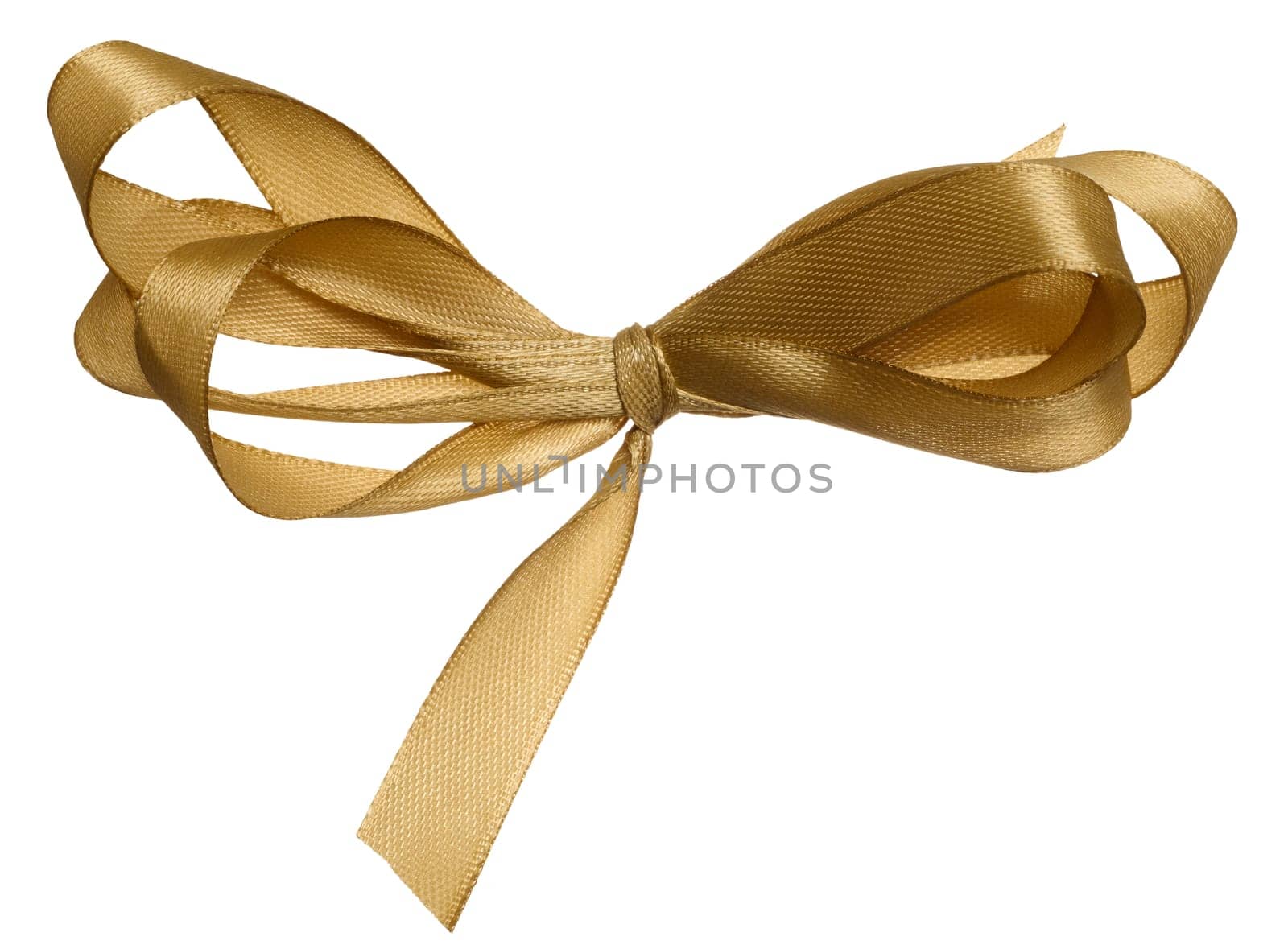 Knotted golden satin ribbon bow on isolated background