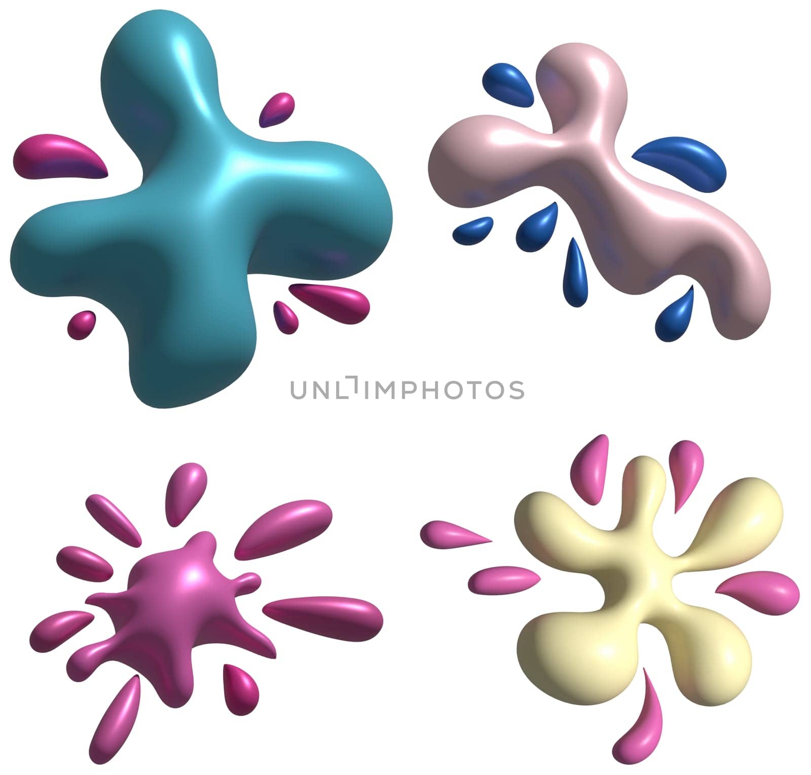 Multi-colored blots and drops with a smooth shiny surface, 3D rendering illustration