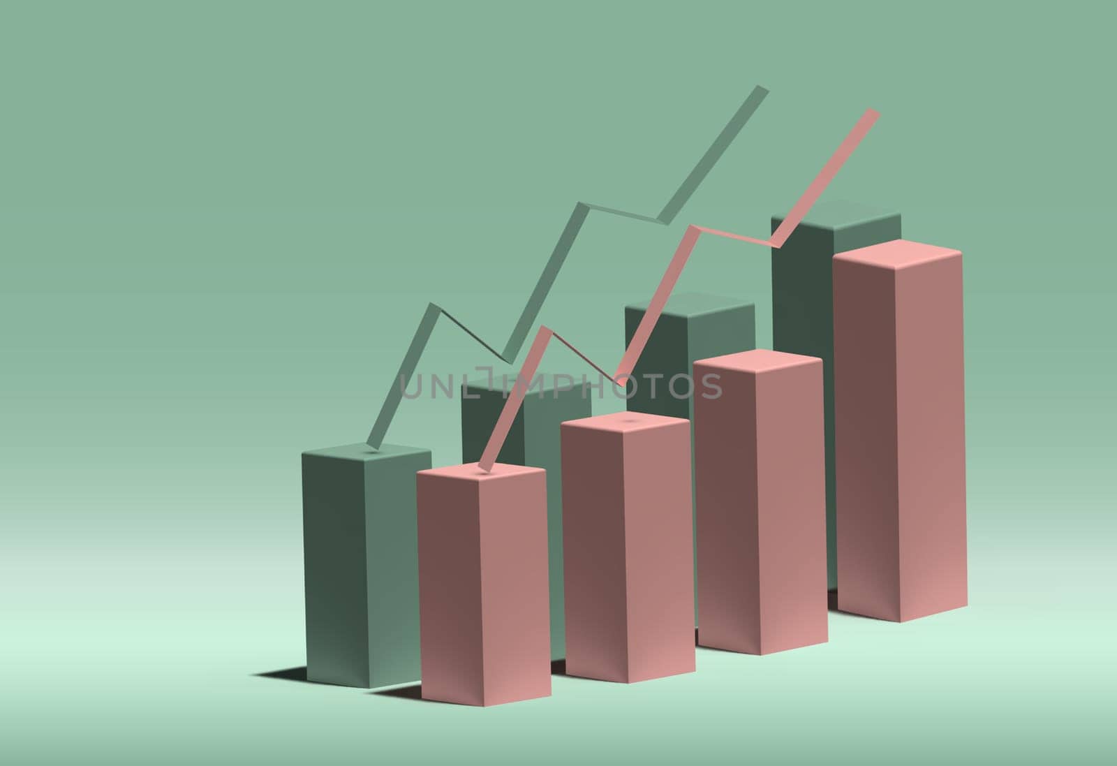 Columns of increasing graph with shadow on green background, 3D rendering illustration