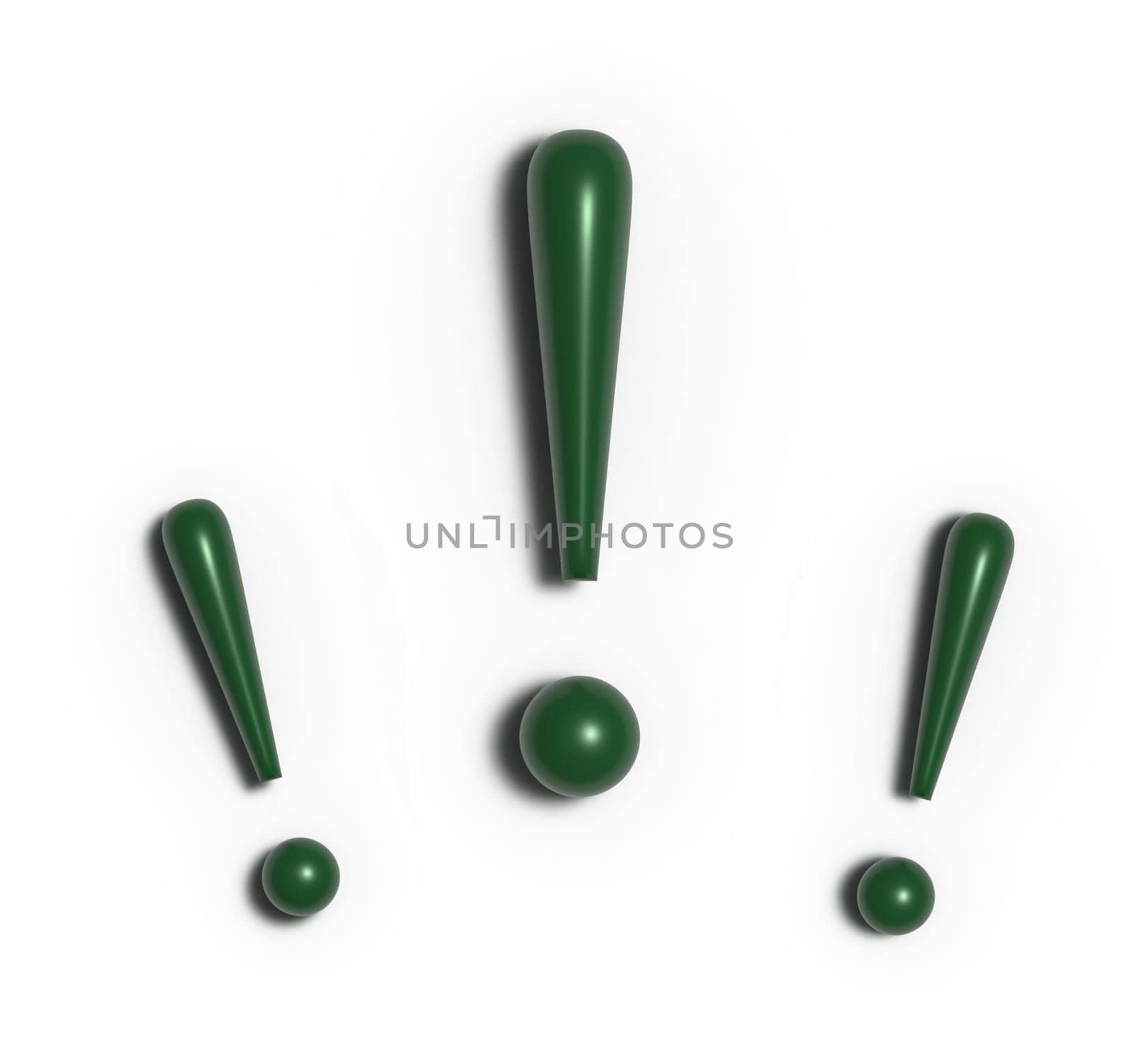 Green exclamation mark with shadow from different angles on isolated background, 3D rendering illustration