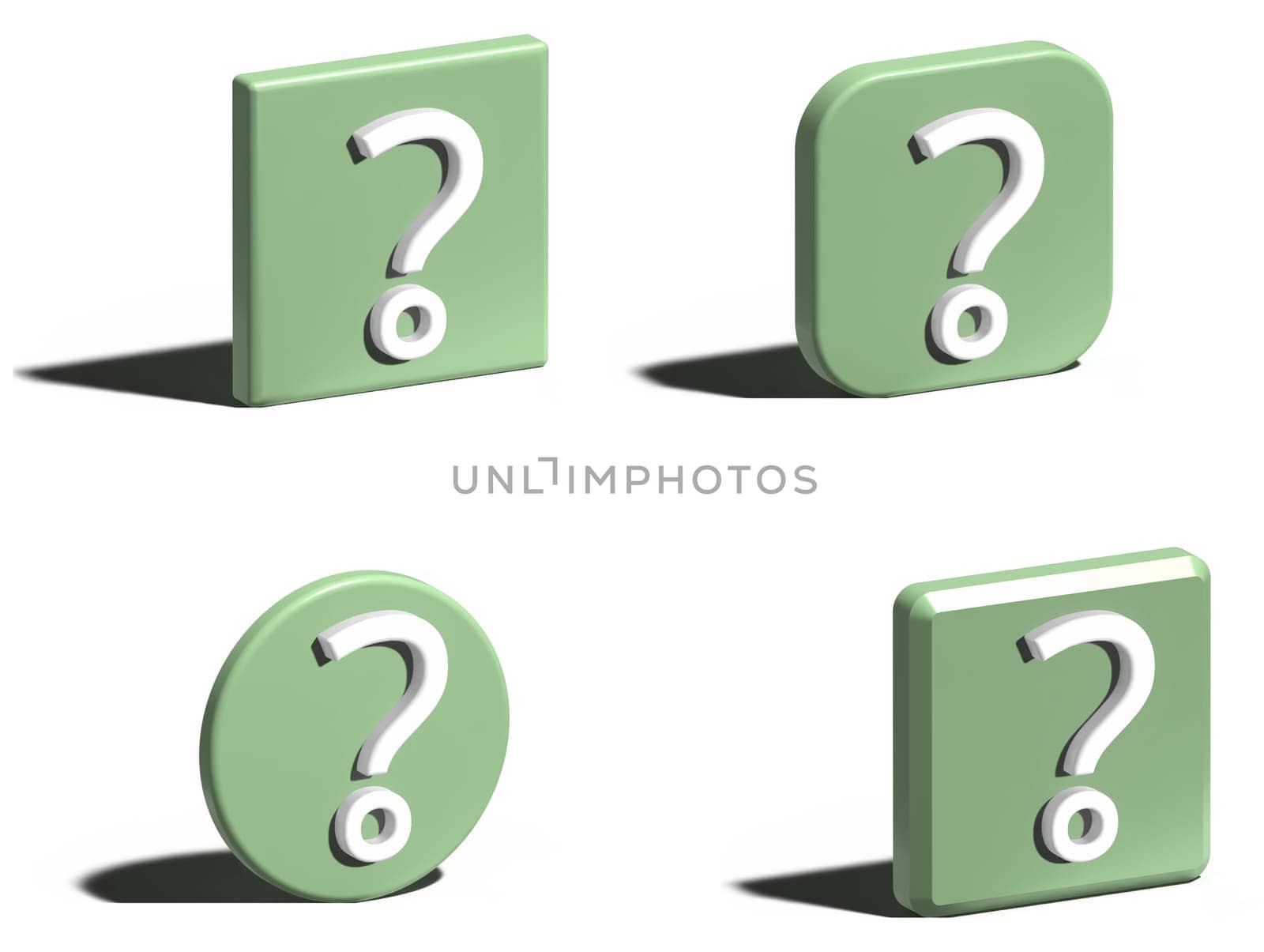 Various green shapes with white question mark and shadow on isolated background, 3D rendering illustration