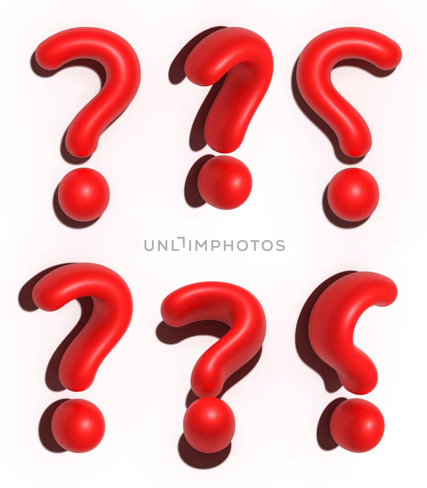 Red question mark with shadow from different angles on isolated background, 3D rendering illustration
