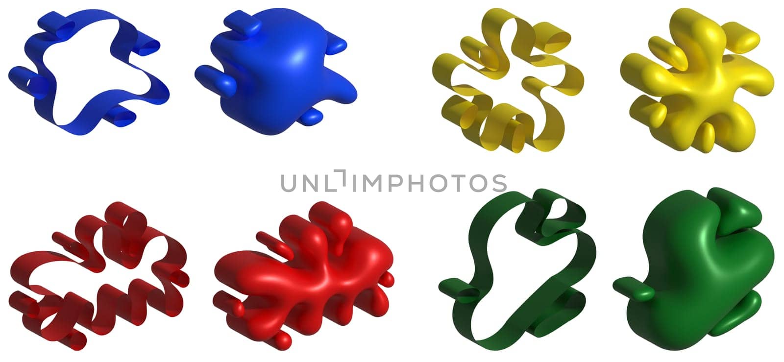 Multi-colored inflated blots with a shiny surface and their frames on an isolated background, 3D rendering illustration