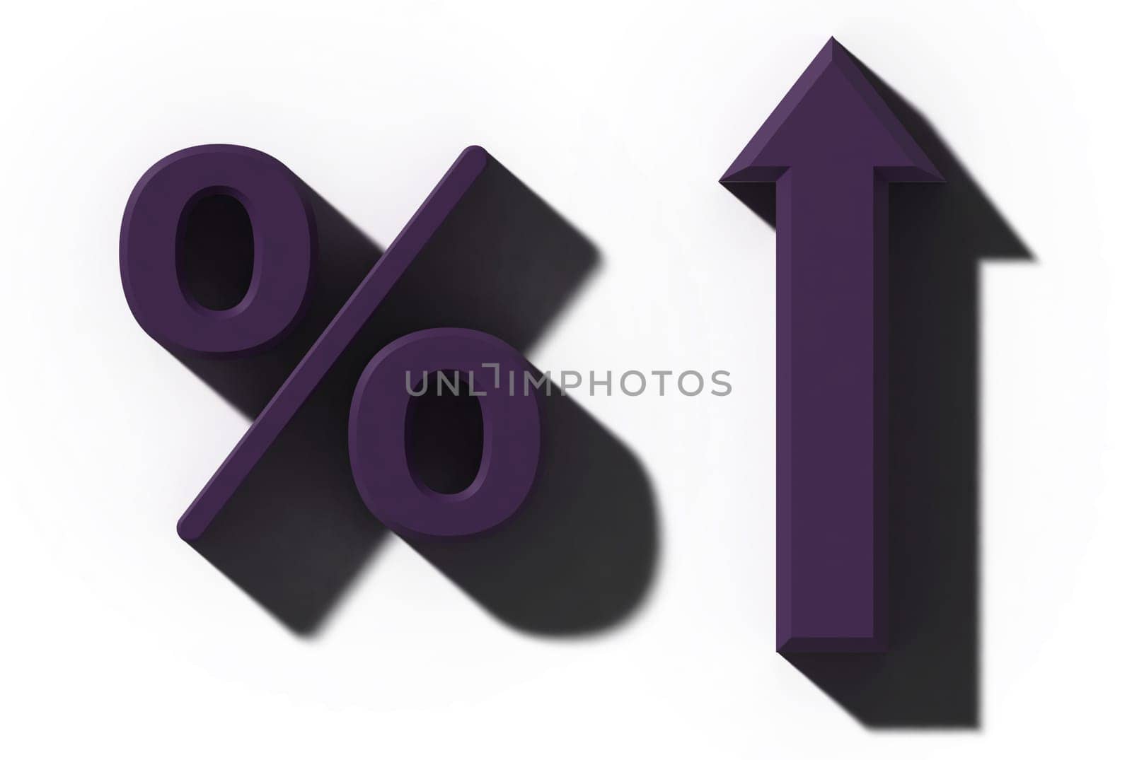 Percentage and up arrow with shadow on isolated background, 3D rendering illustration