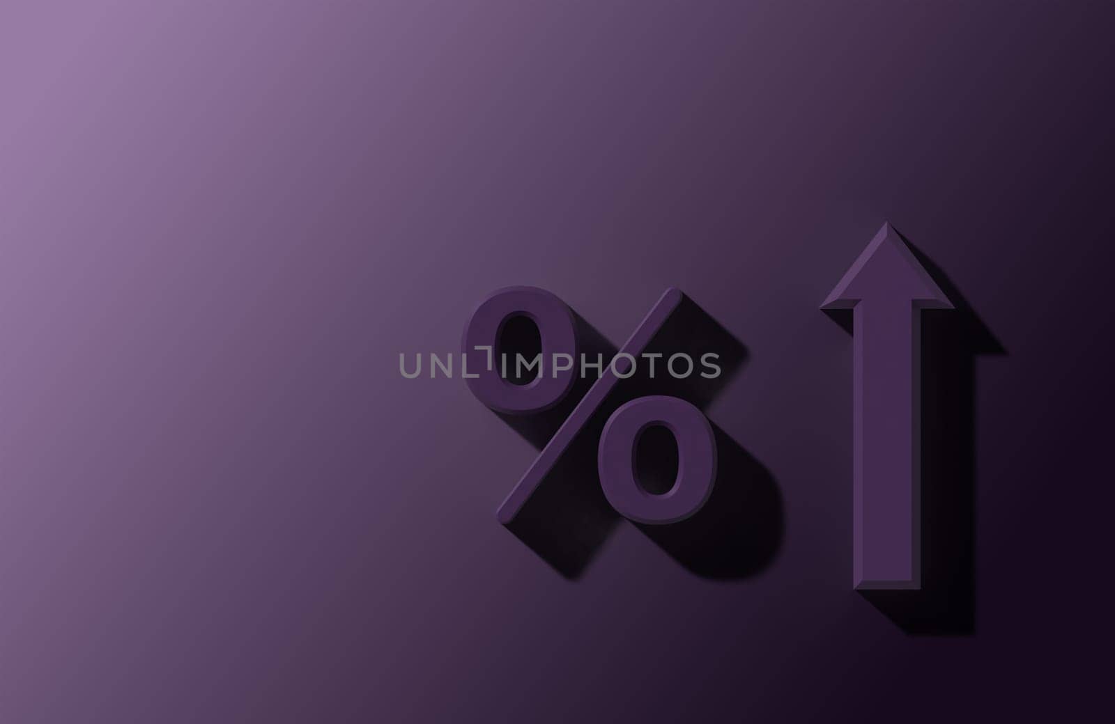 Percentage and up arrow with shadow on purple background, 3D rendering illustration