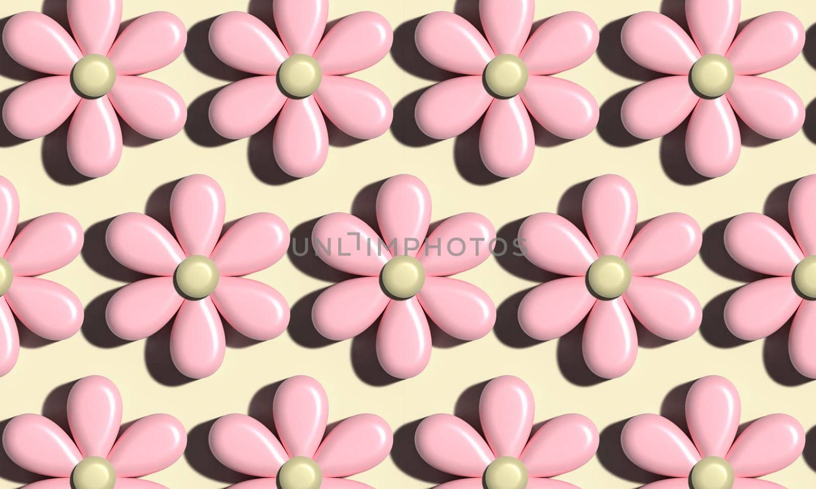 Pink daisies with shadow on a yellow background, pattern, 3D rendering illustration