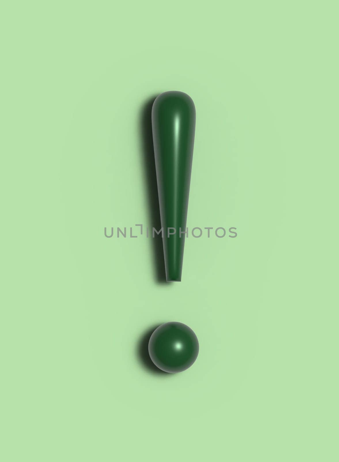 Green exclamation mark with shadow on a light green background, 3D rendering illustration