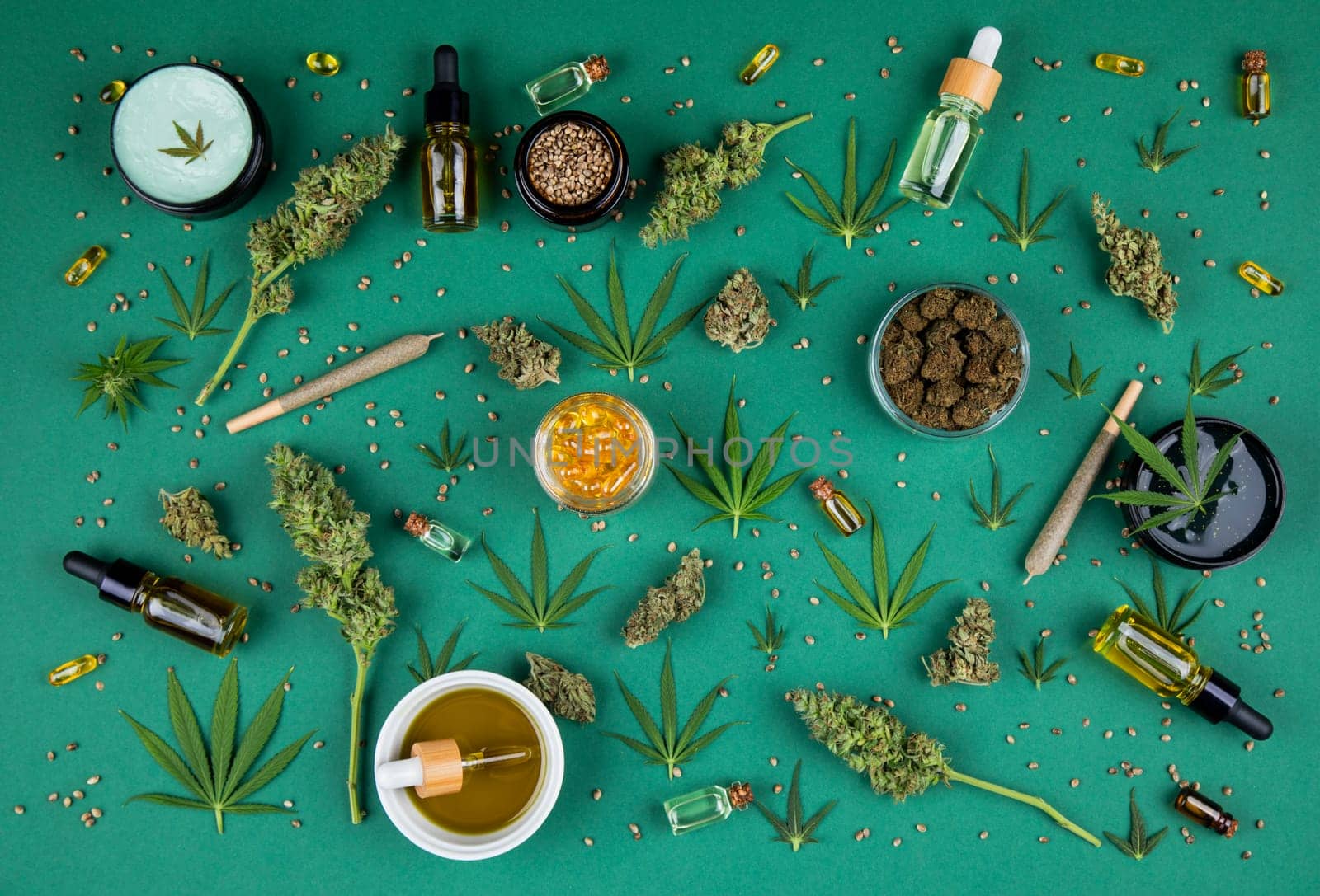 Flat lay, Medical marijuana, cbd,  Cannabis buds, hemp leaves concept