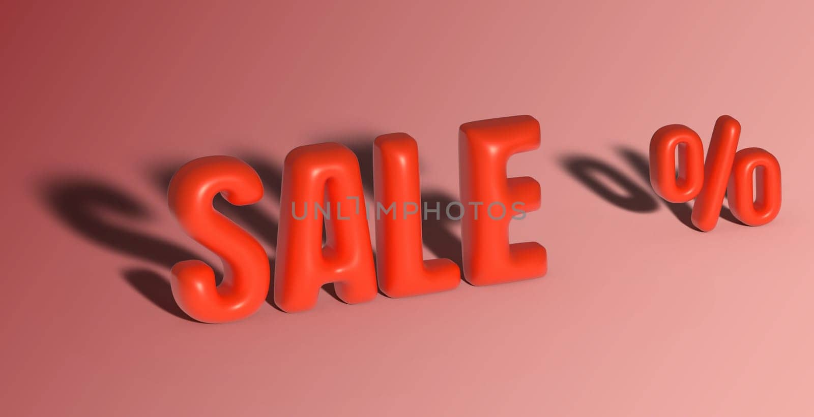 Inscription sale and interest, red shiny surface with shadow, inflated symbols. 3D rendering illustration
