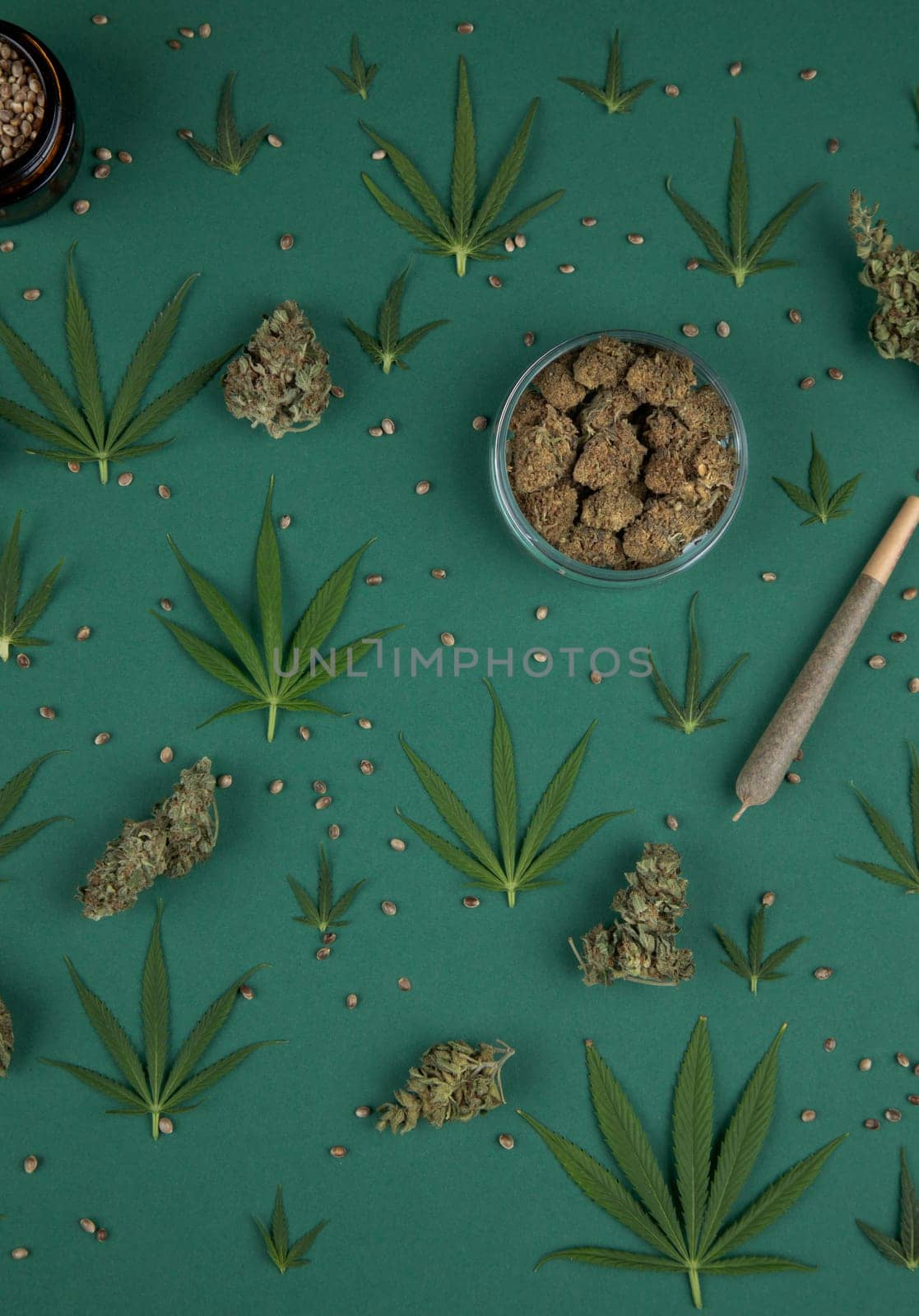 Flat lay, Medical marijuana, cbd,  Cannabis buds, hemp leaves concept
