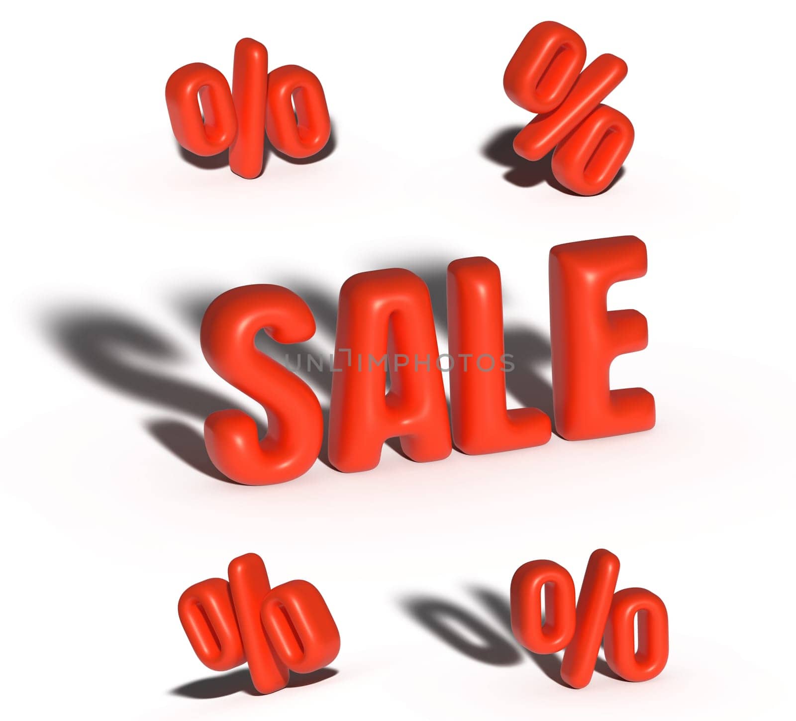 Inscription sale and interest, red shiny surface with shadow, inflated symbols. 3D rendering illustration