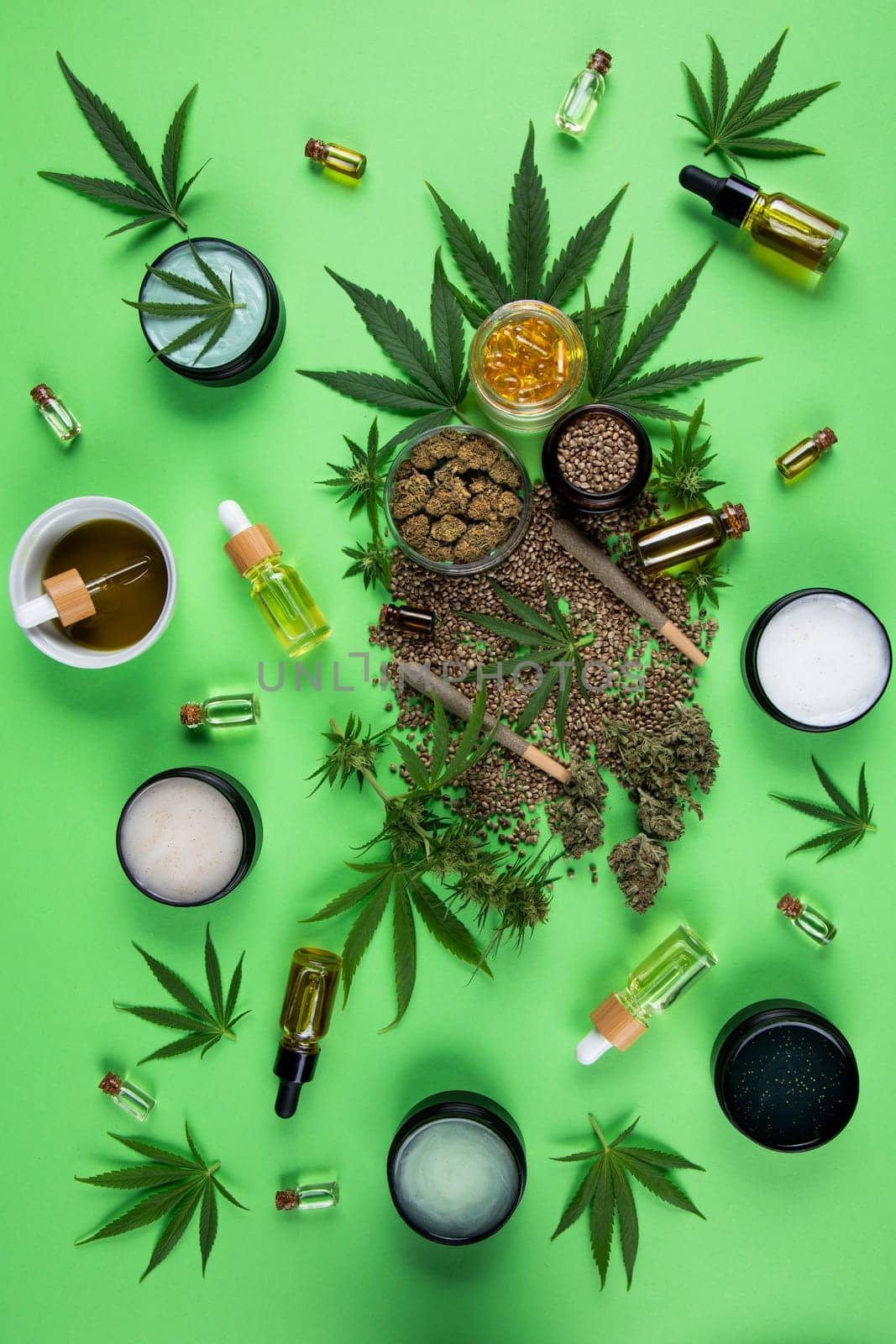 Cannabis leaves with marijuana, cbd, Flat lay composition