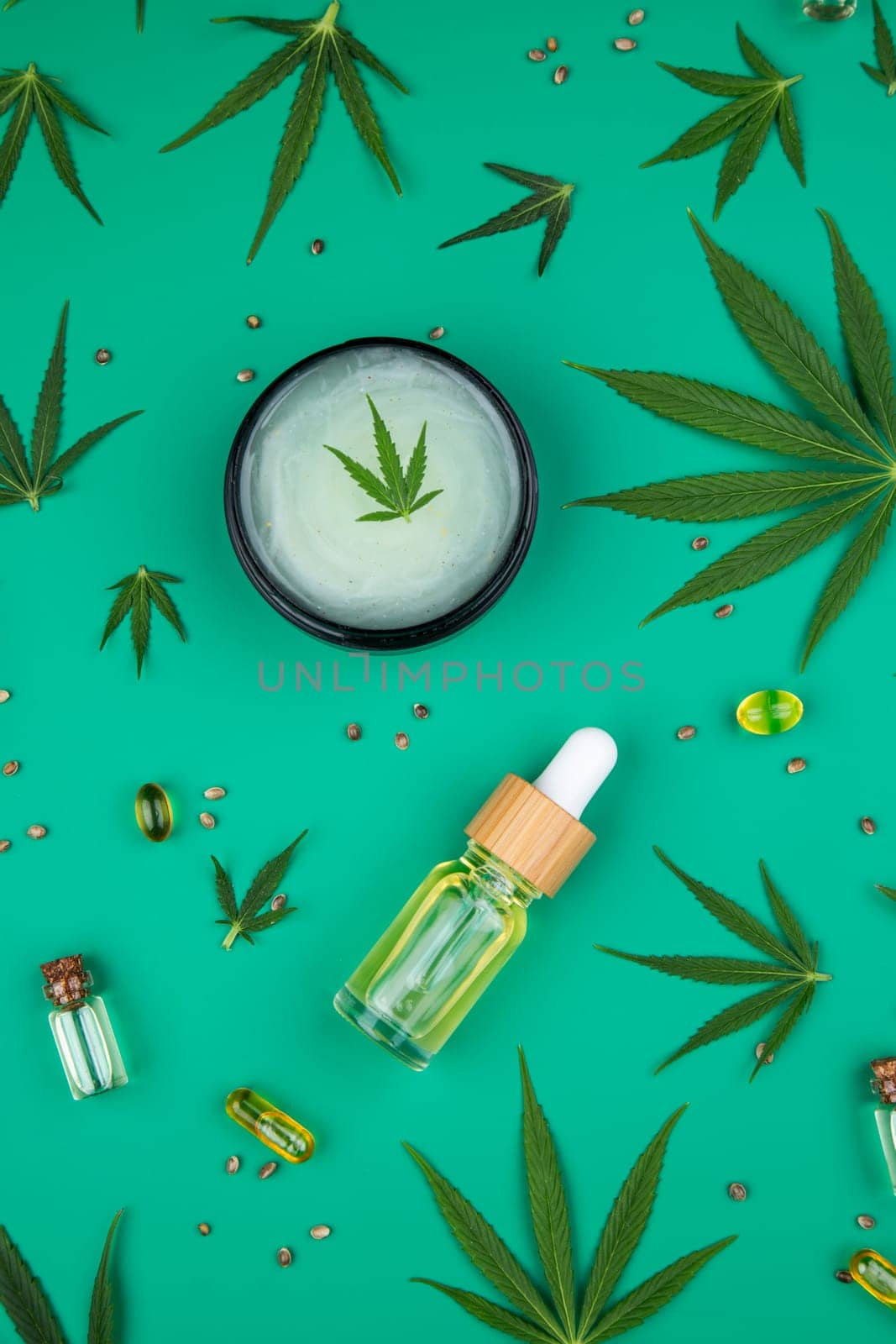 Cbd cannabis hemp buds, marijuana and cannabis leaves, medical cannabis concept