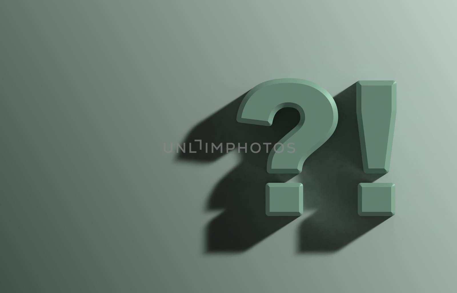 Question mark and exclamation mark with shadow on green background, 3D rendering illustration