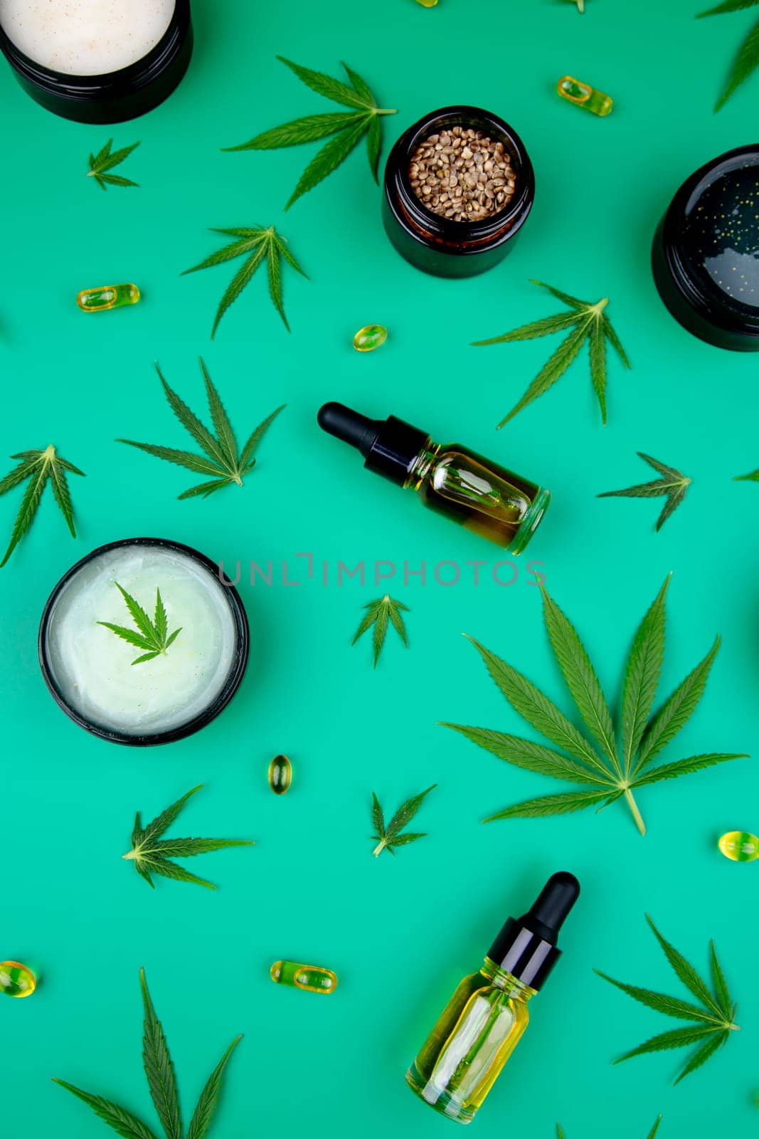 Flat lay composition, cbd, Cannabis leaves with marijuana