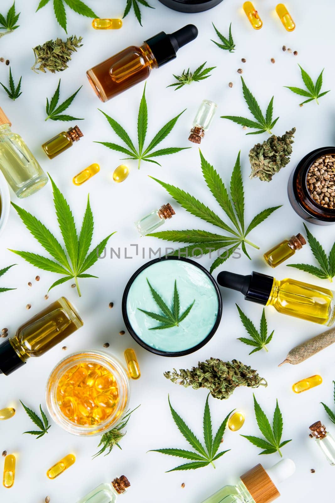 Flat lay composition, cbd, Cannabis leaves with marijuana