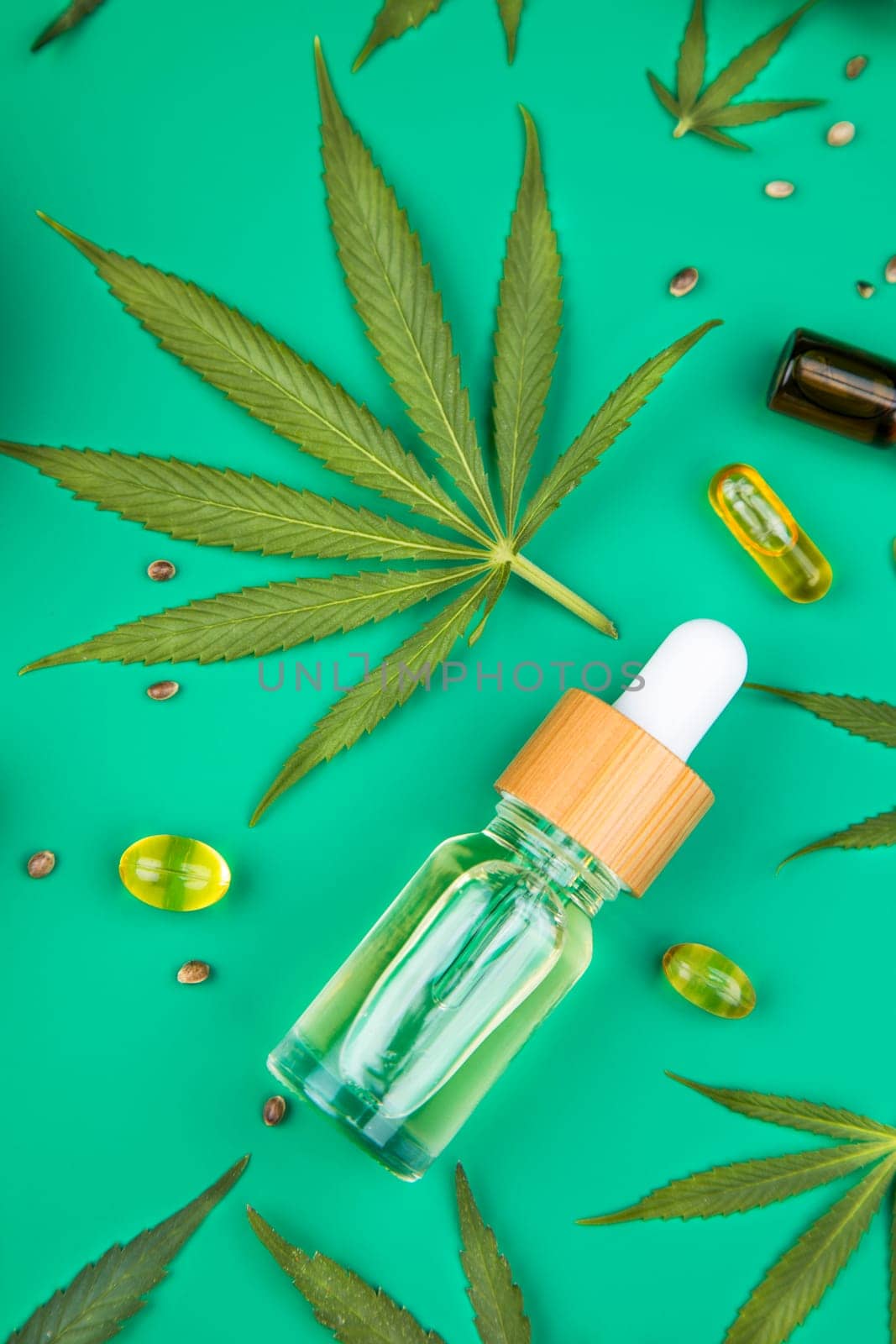Oil cbd, cannabis and hemp leaves, medical marijuana concept