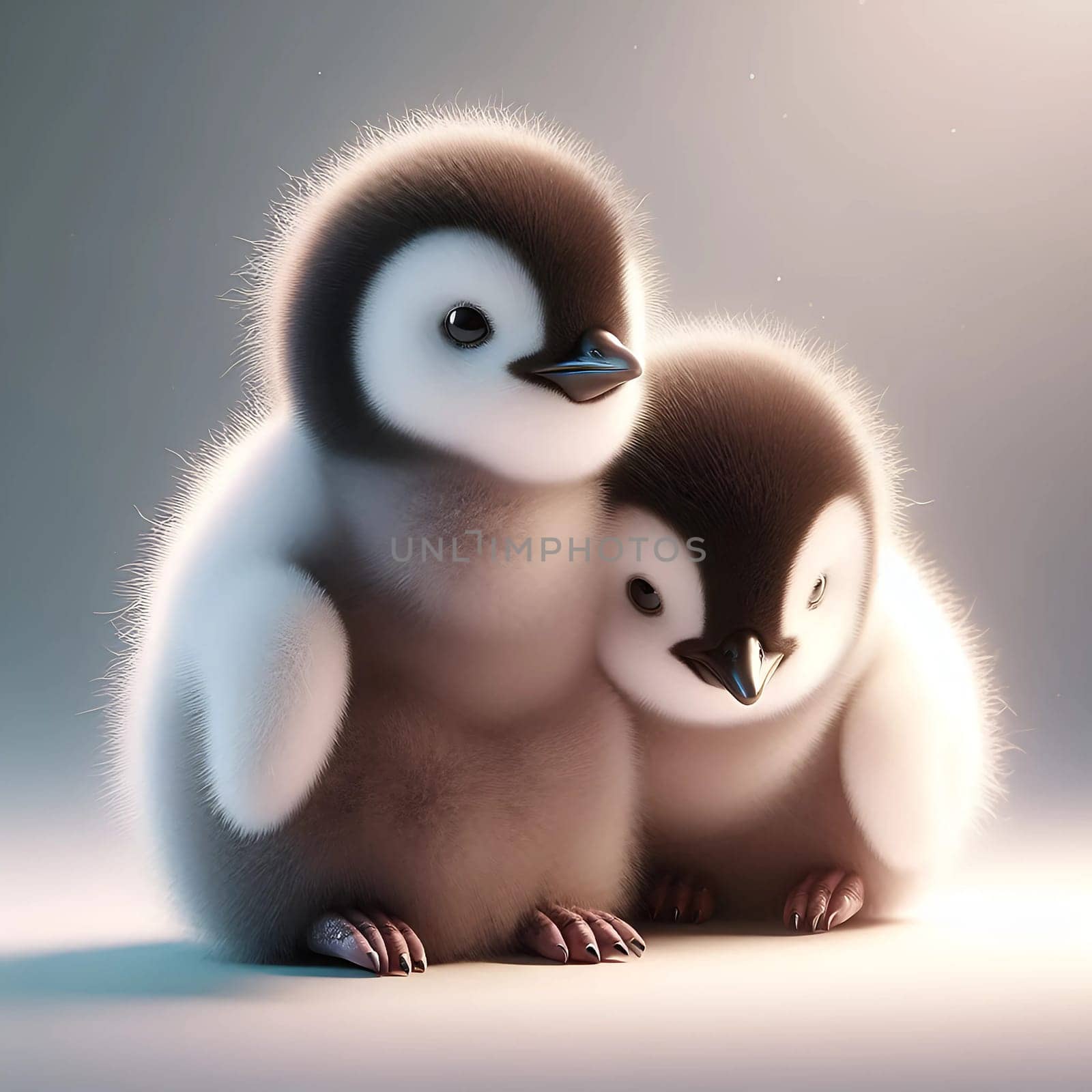 two penguins are sitting together, one has a penguin on his chest.