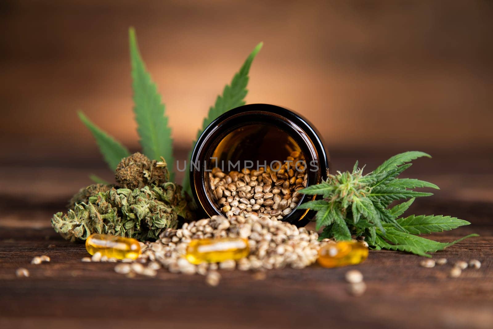 Hemp oil and marijuana leaves on extract cbd