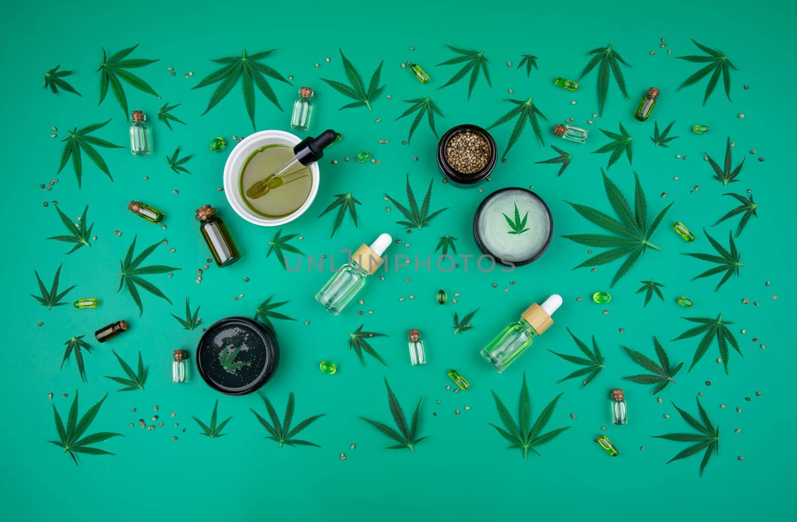 Cbd cannabis hemp buds, marijuana and cannabis leaves, medical cannabis concept