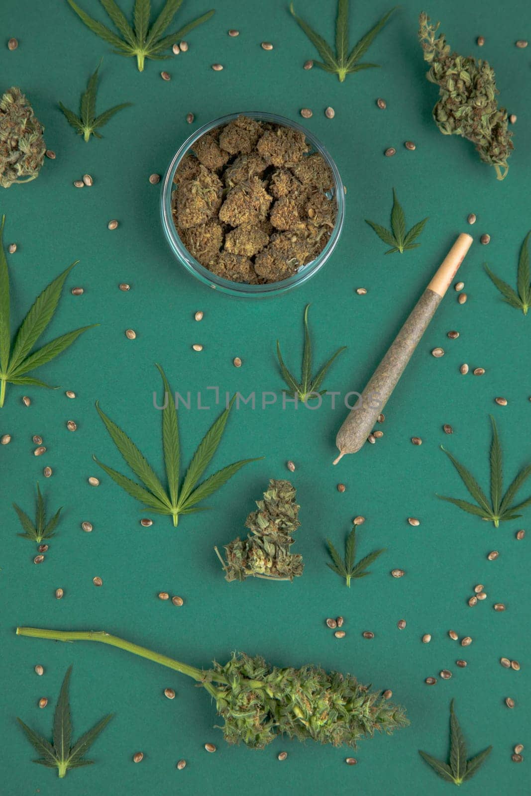 Flat lay, Medical marijuana, cbd,  Cannabis buds, hemp leaves concept