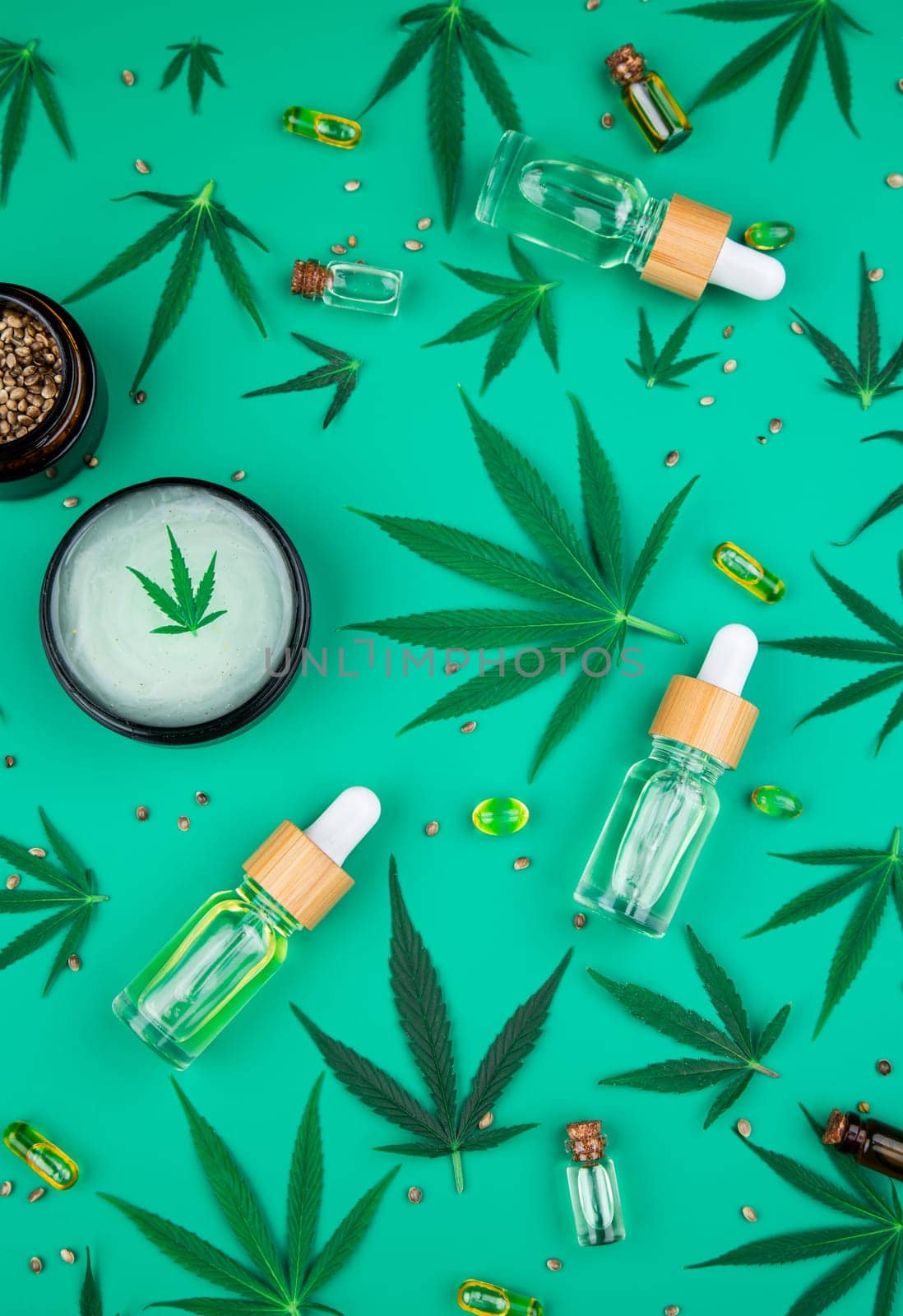 Cbd cannabis hemp buds, marijuana and cannabis leaves, medical cannabis concept